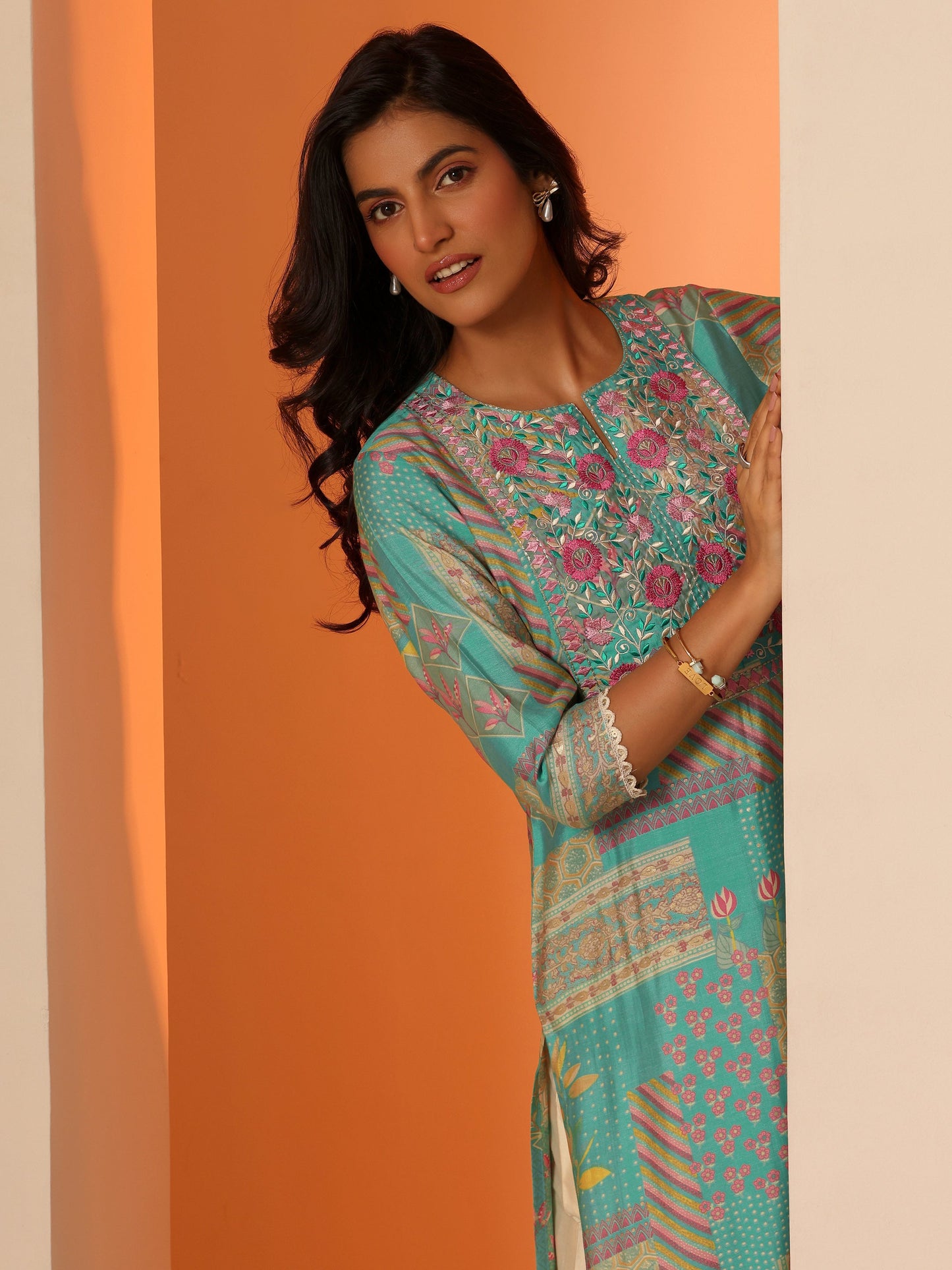 Blue Printed Silk Blend Straight Kurta