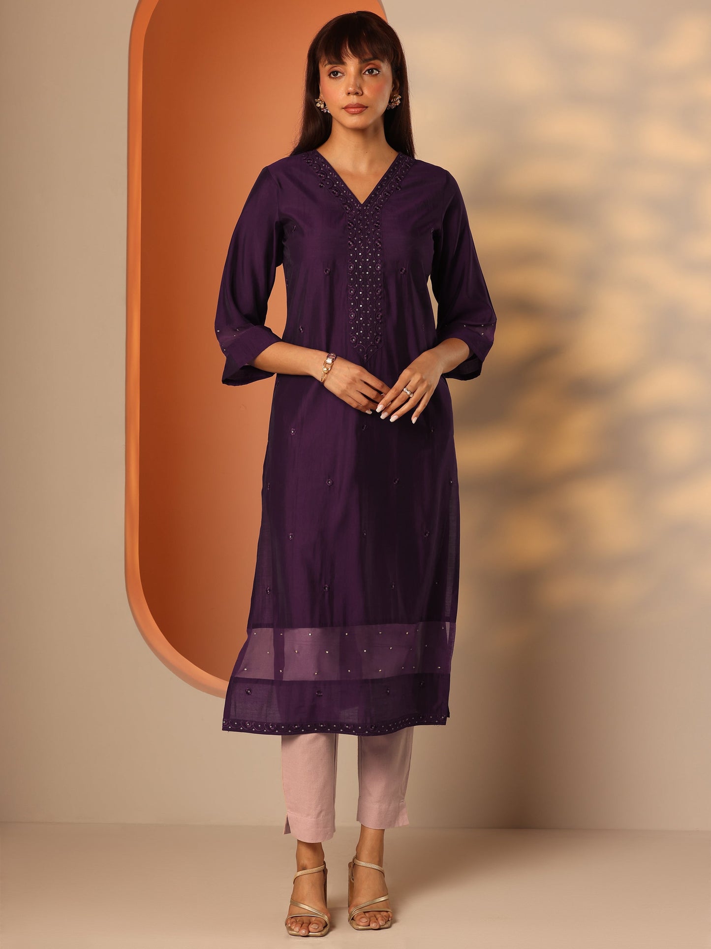 Burgundy Embroidered Silk Blend Straight Kurta