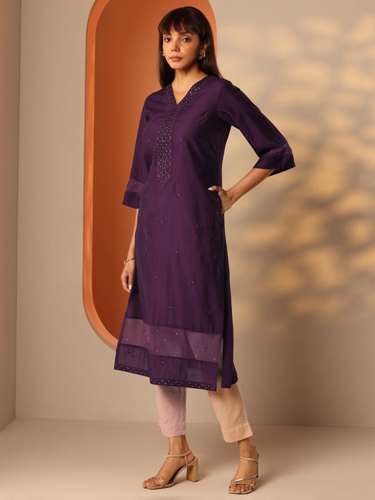 Burgundy Embroidered Silk Blend Straight Kurta