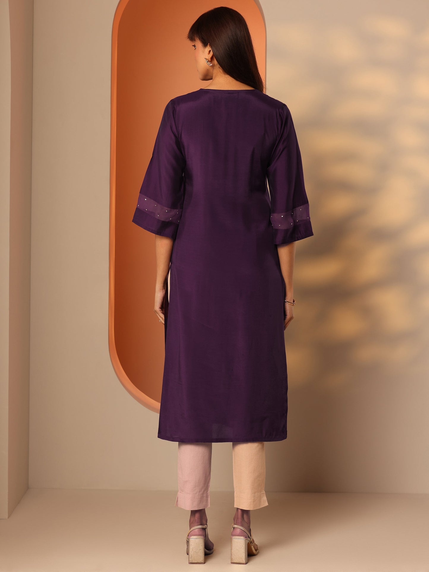 Burgundy Embroidered Silk Blend Straight Kurta