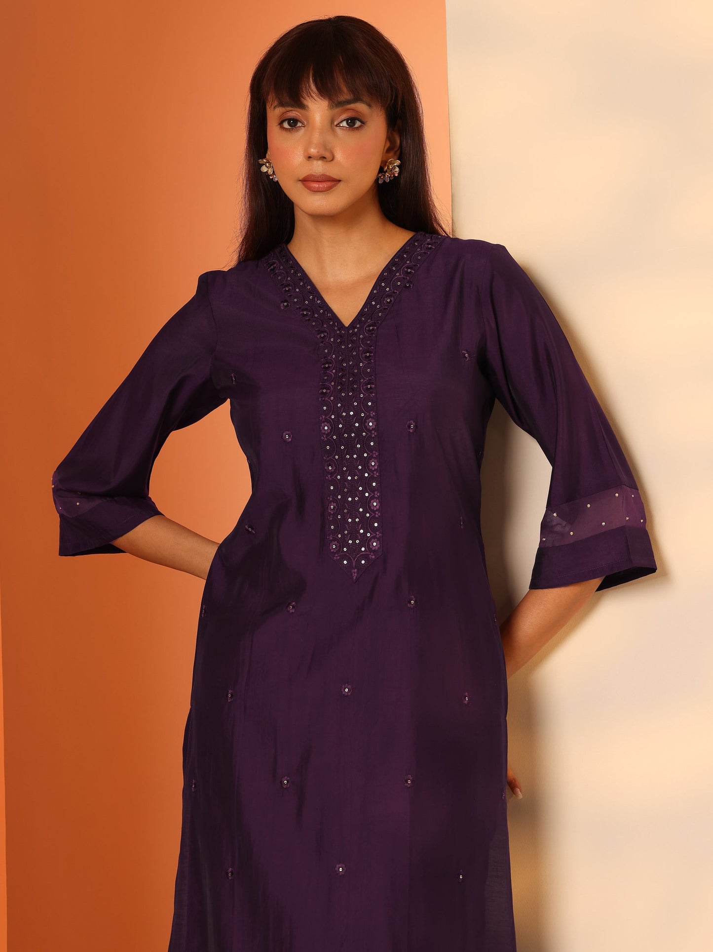Burgundy Embroidered Silk Blend Straight Kurta
