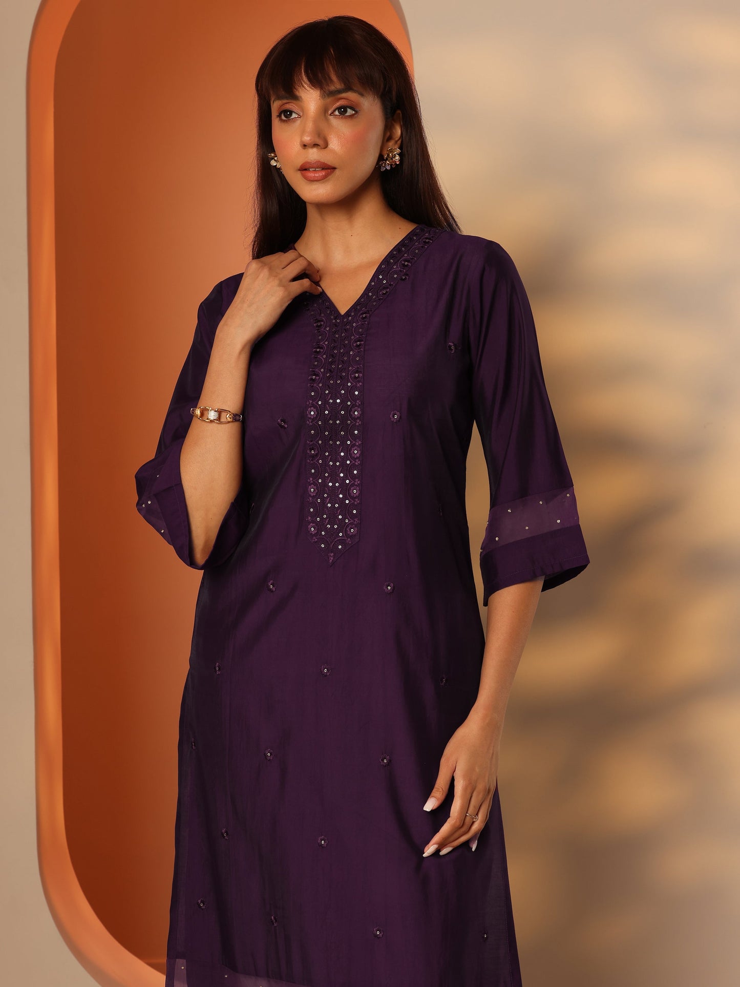 Burgundy Embroidered Silk Blend Straight Kurta