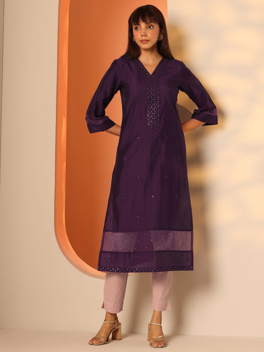 Burgundy Embroidered Silk Blend Straight Kurta