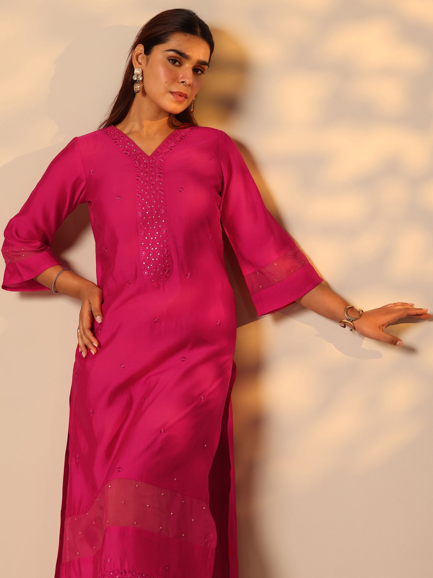 Pink Embroidered Silk Blend Straight Kurta