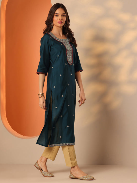 Teal Embroidered Silk Blend Straight Kurta