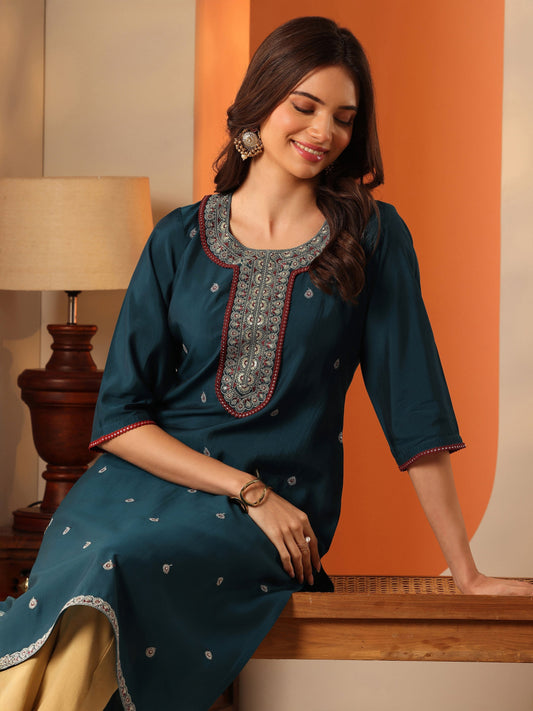 Teal Embroidered Silk Blend Straight Kurta
