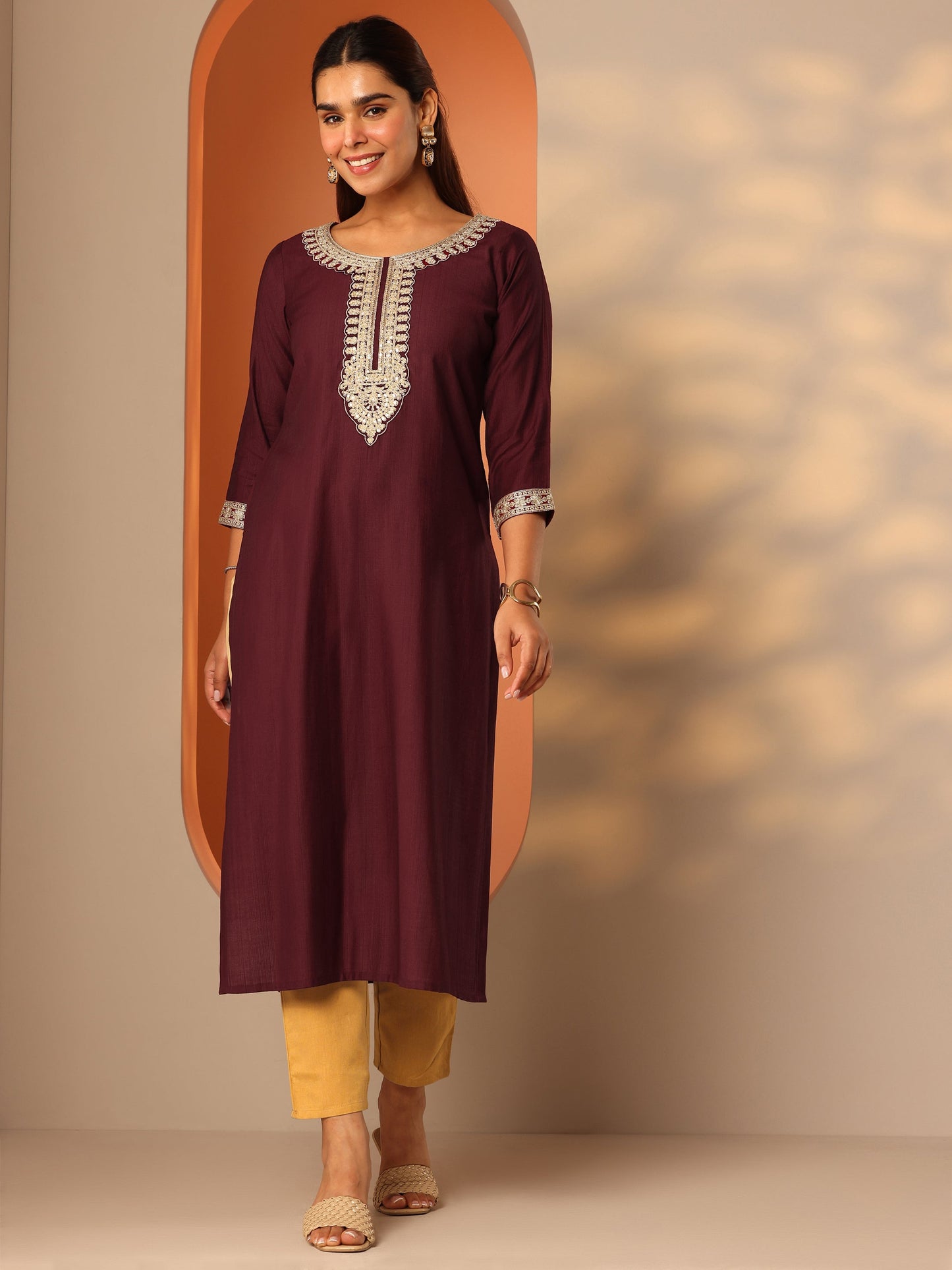 Maroon Embroidered Silk Blend Straight Kurta