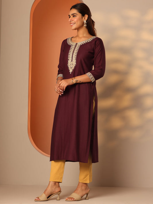 Maroon Embroidered Silk Blend Straight Kurta