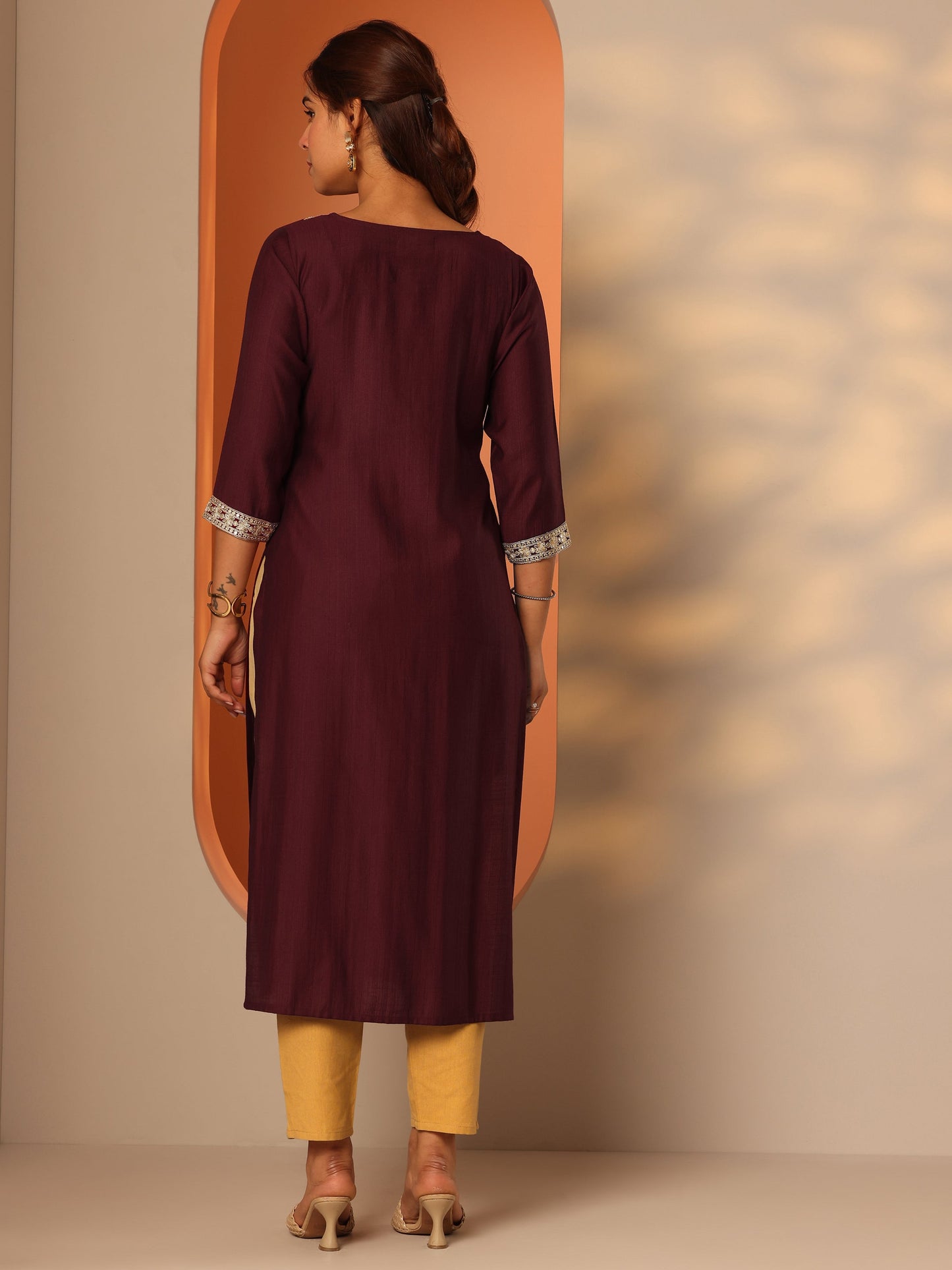 Maroon Embroidered Silk Blend Straight Kurta