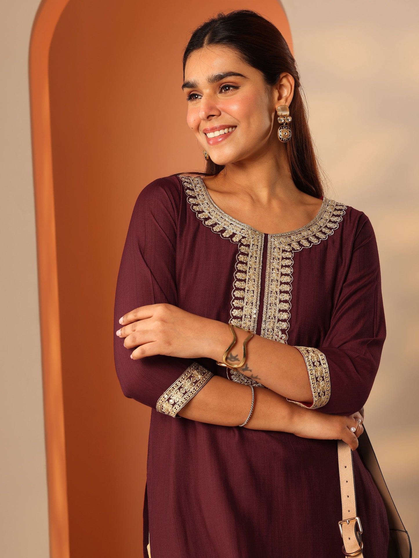 Maroon Embroidered Silk Blend Straight Kurta