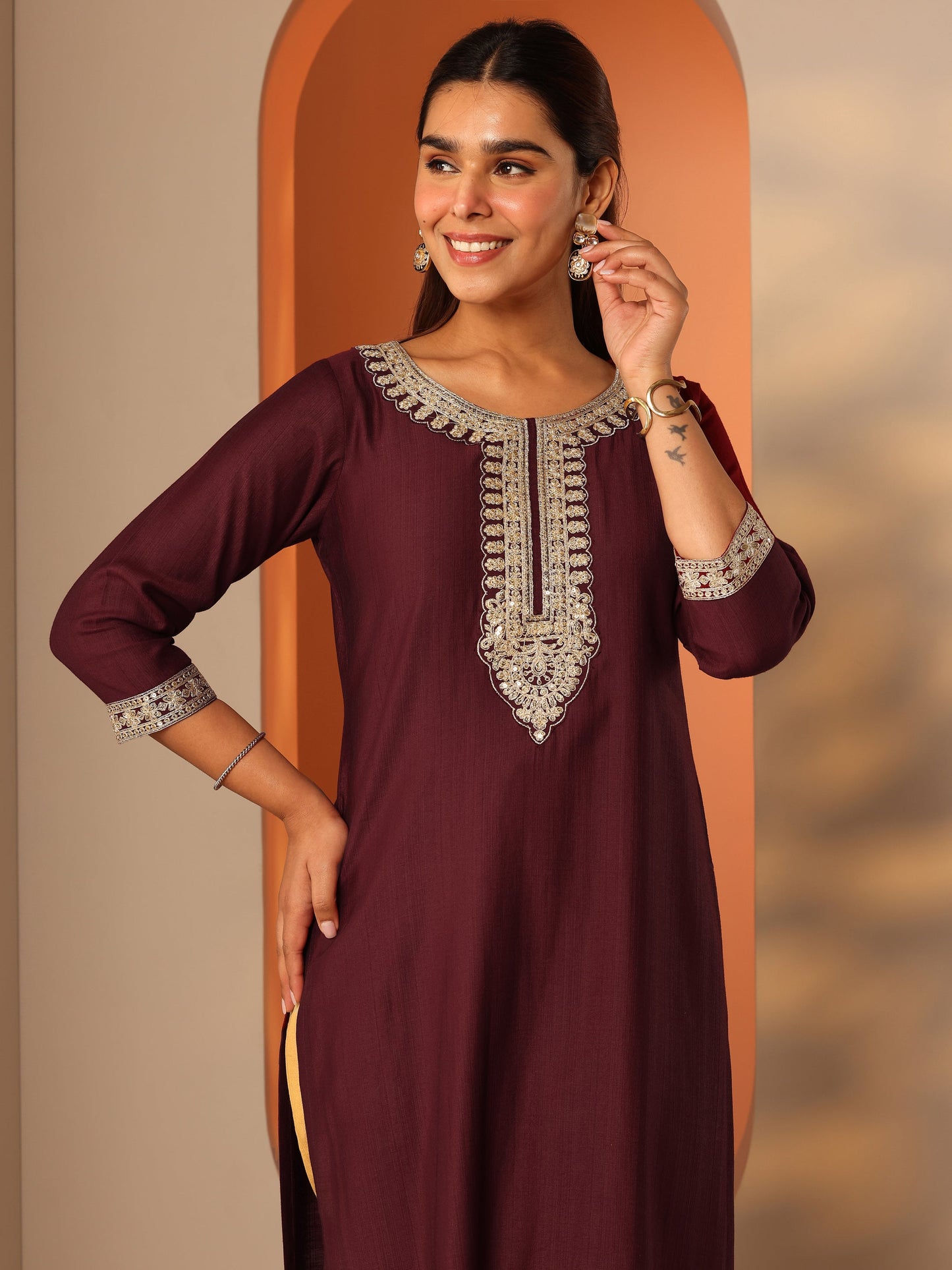 Maroon Embroidered Silk Blend Straight Kurta
