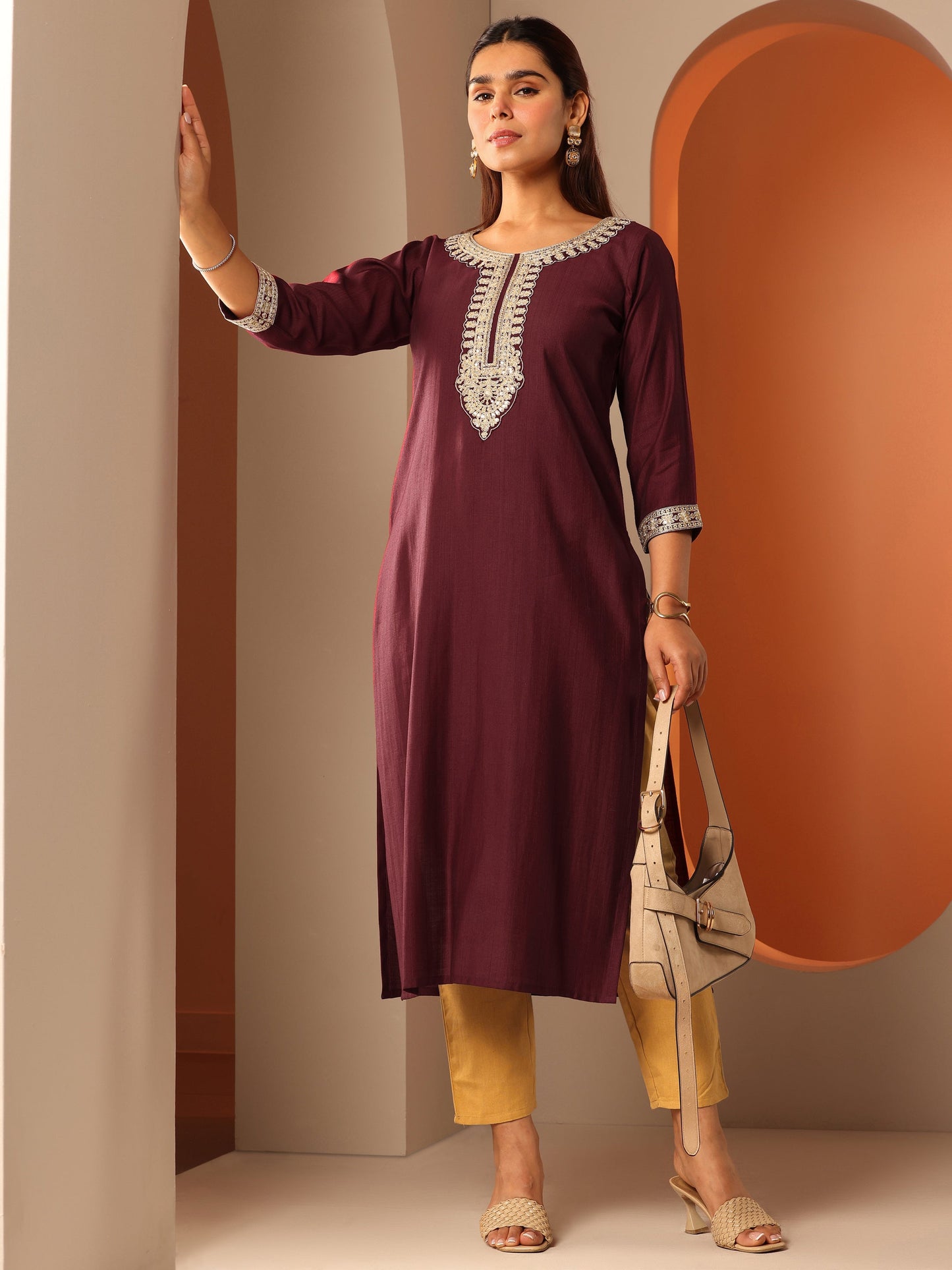 Maroon Embroidered Silk Blend Straight Kurta