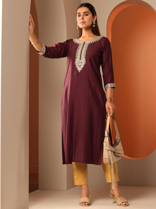 Maroon Embroidered Silk Blend Straight Kurta
