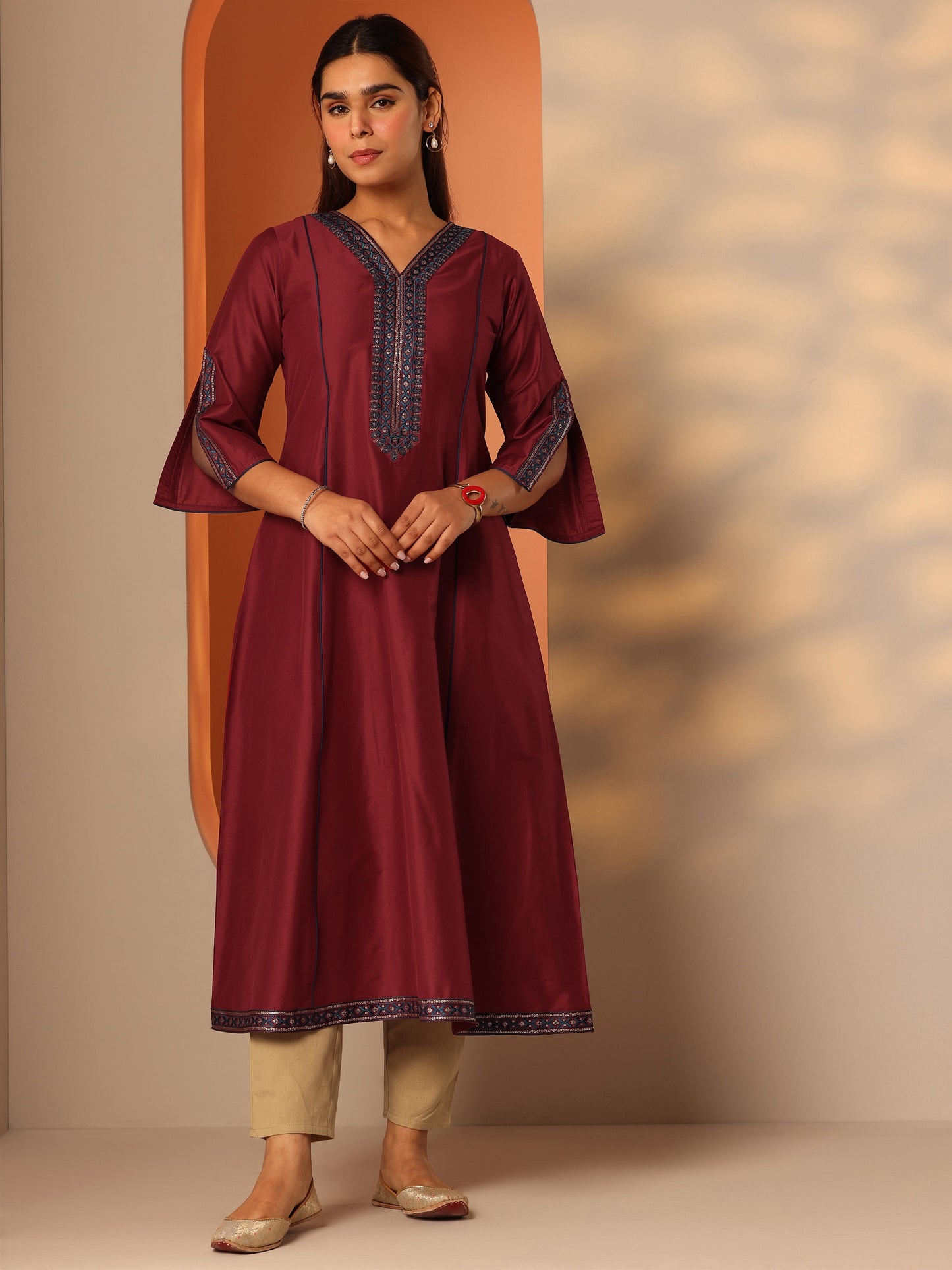 Maroon Embroidered Silk Blend A-Line Kurta