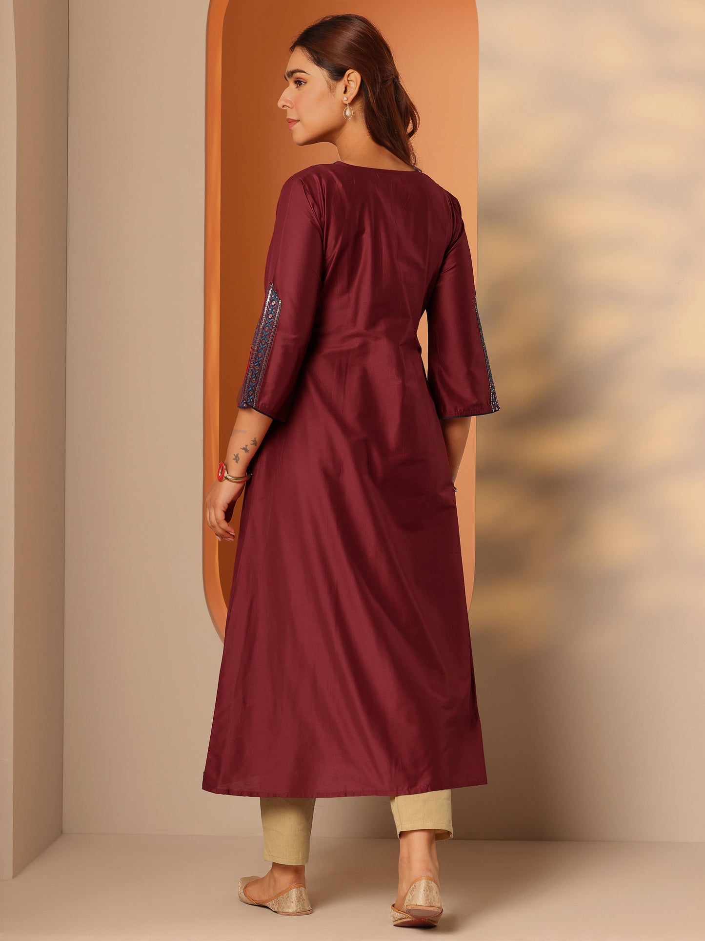 Maroon Embroidered Silk Blend A-Line Kurta