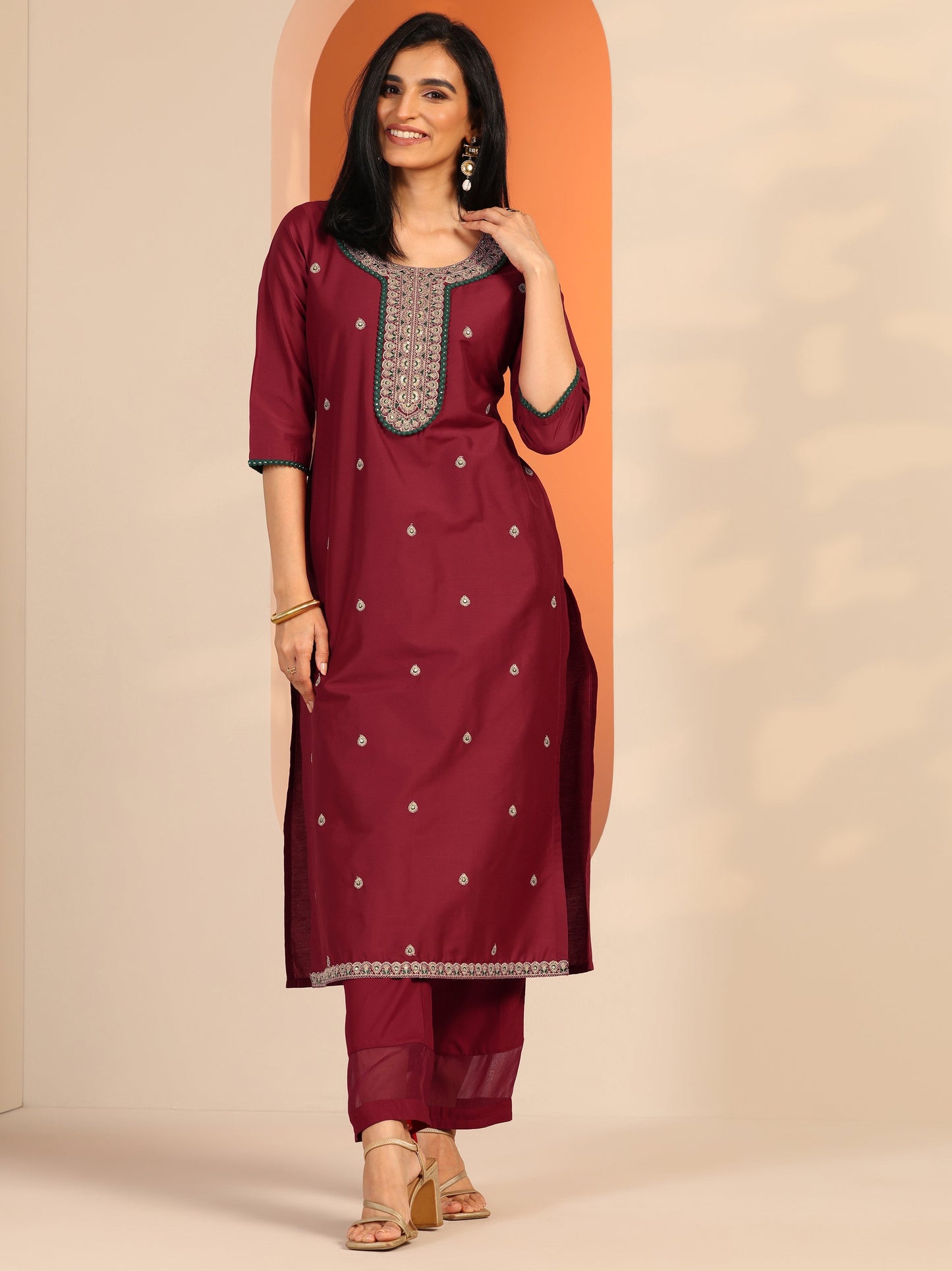 Maroon Embroidered Silk Blend Straight Kurta
