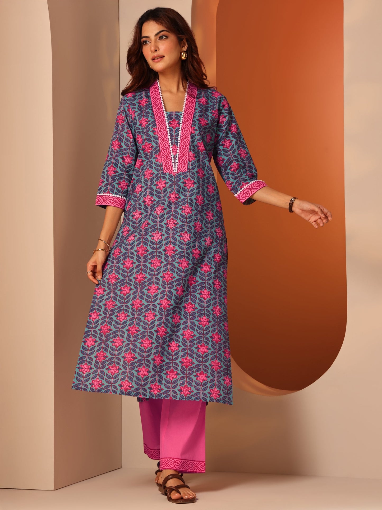 Blue Printed Cotton Straight Kurta
