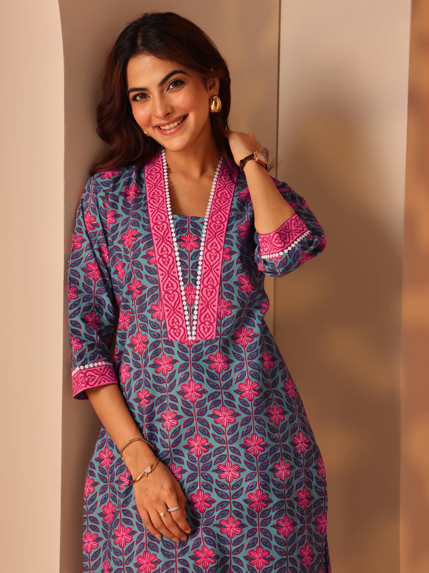 Blue Printed Cotton Straight Kurta