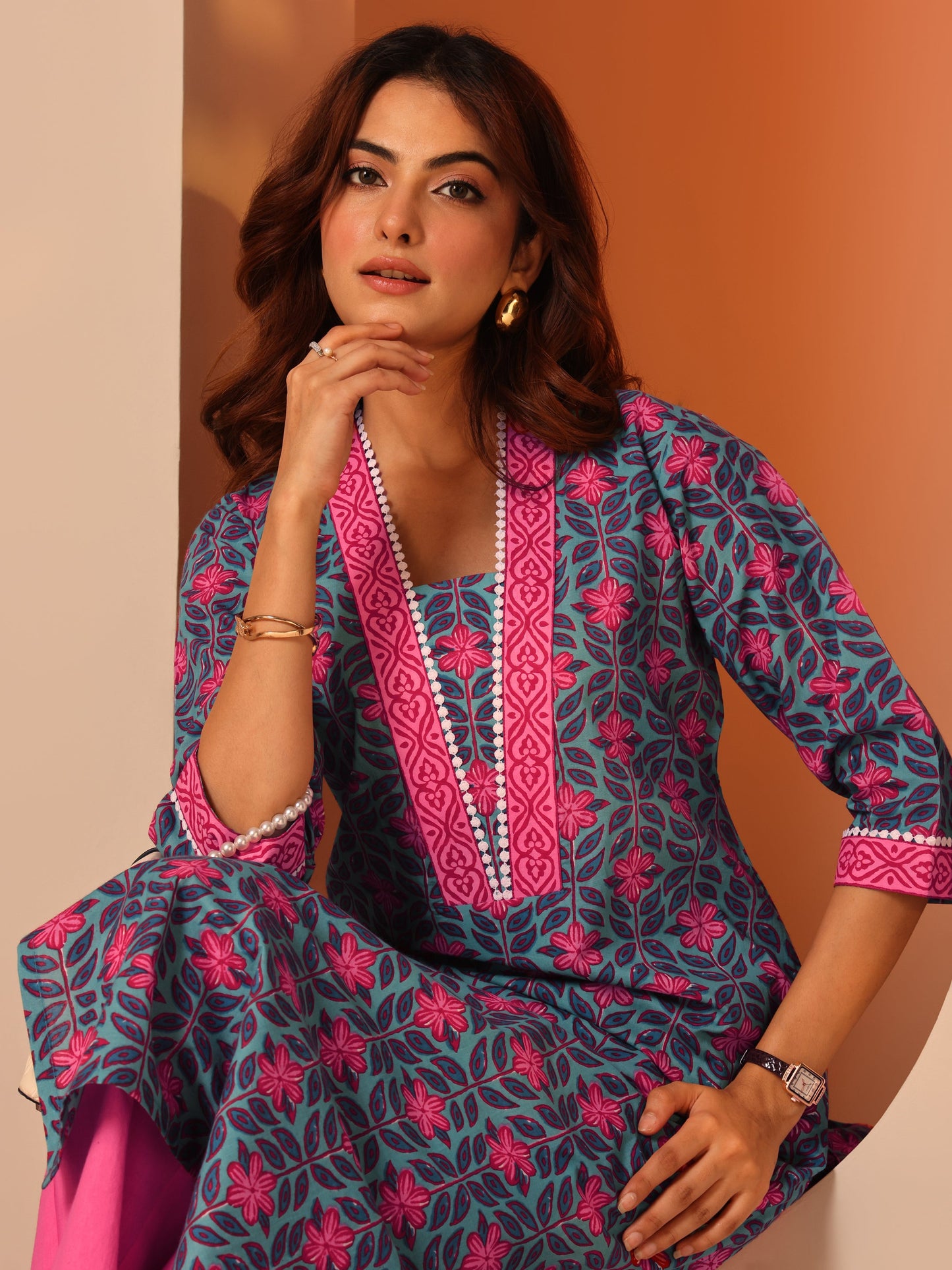 Blue Printed Cotton Straight Kurta