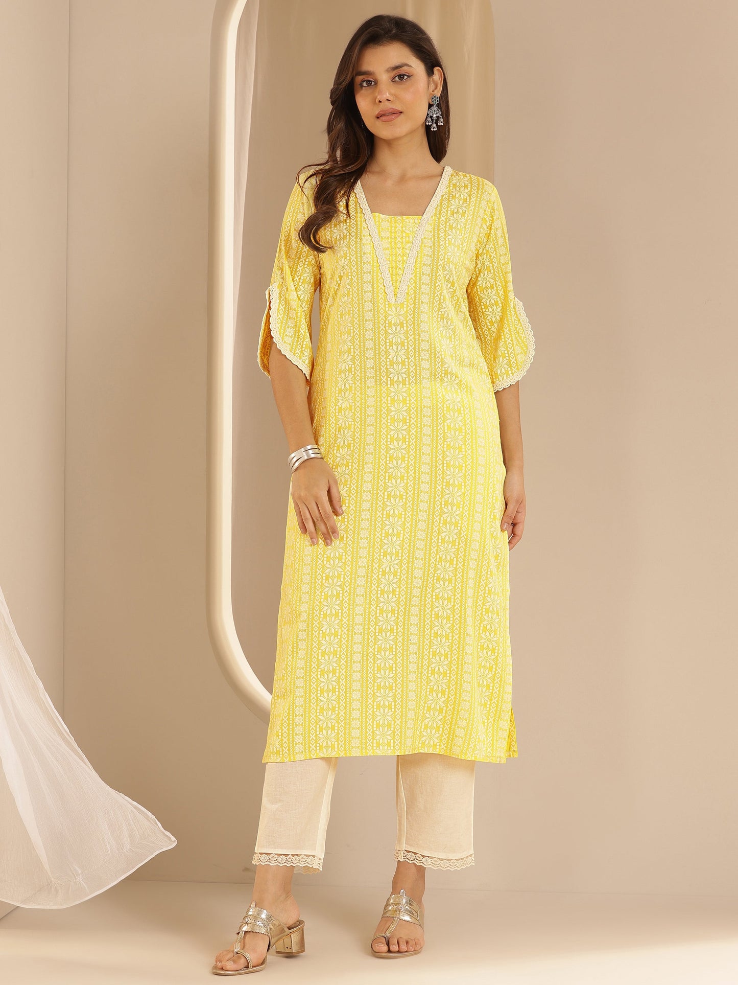 Yellow Printed Rayon Straight Kurta