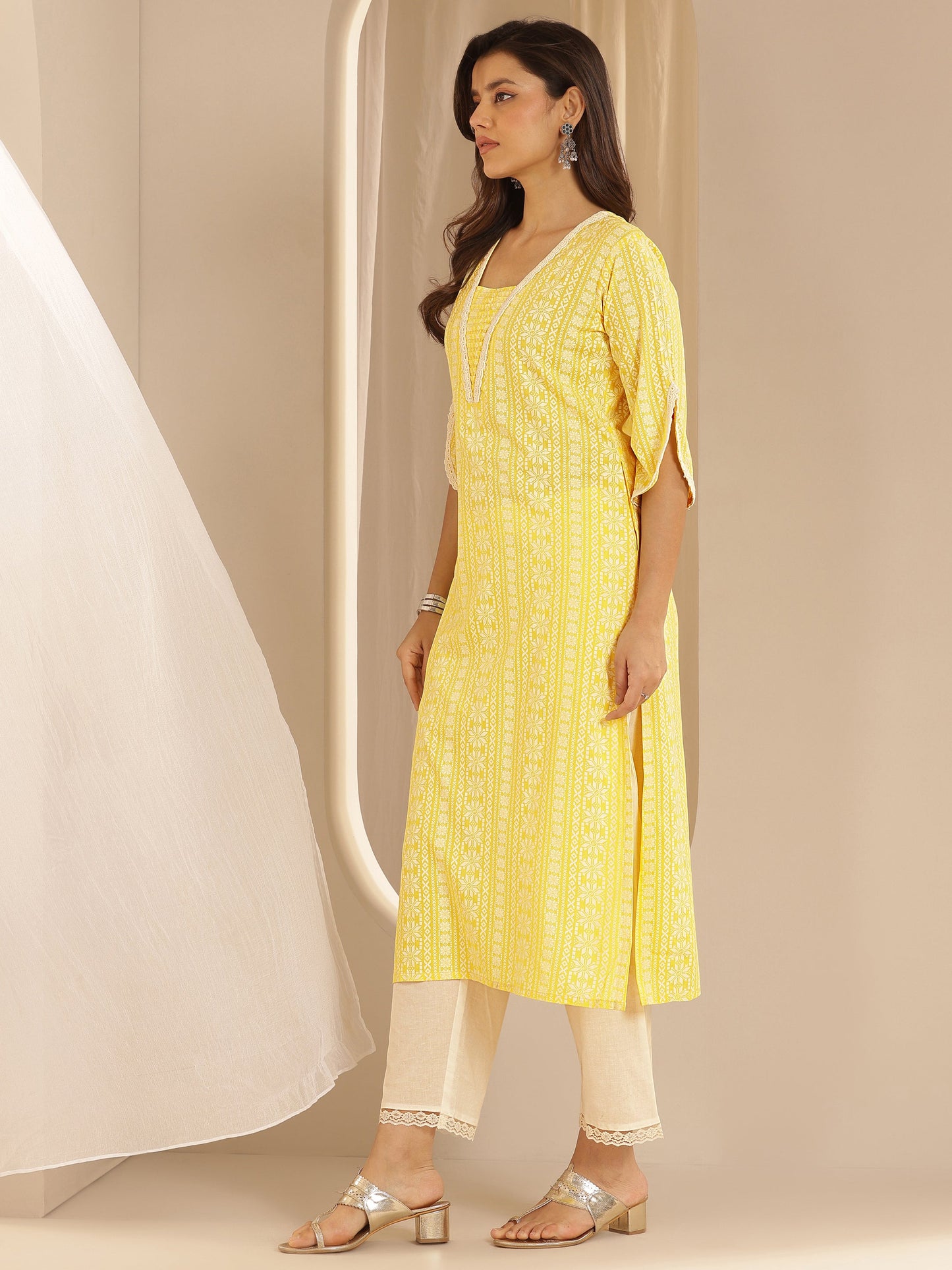 Yellow Printed Rayon Straight Kurta