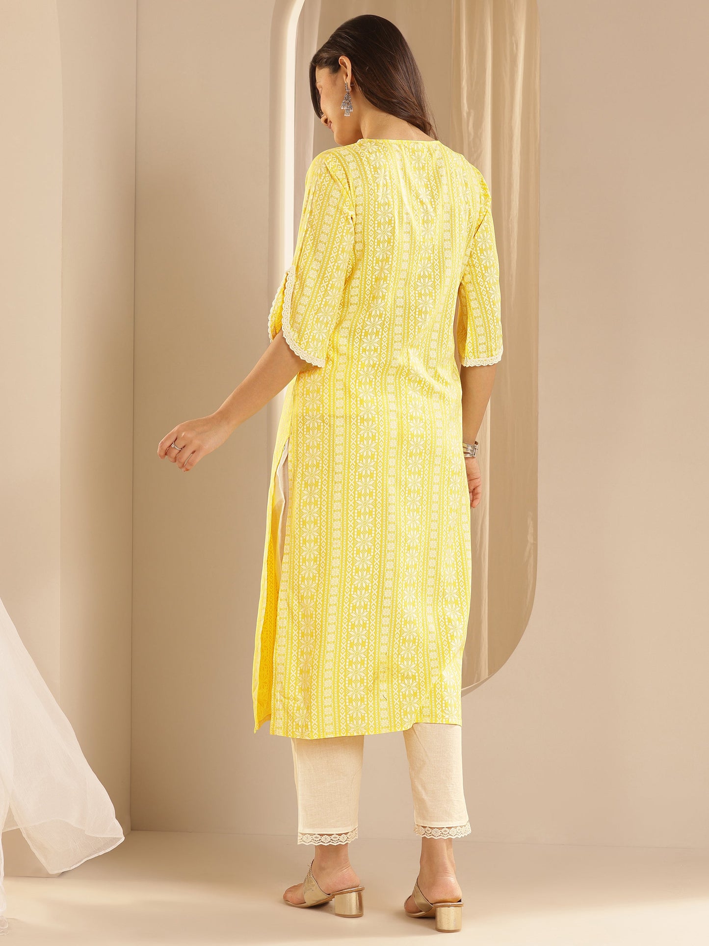 Yellow Printed Rayon Straight Kurta