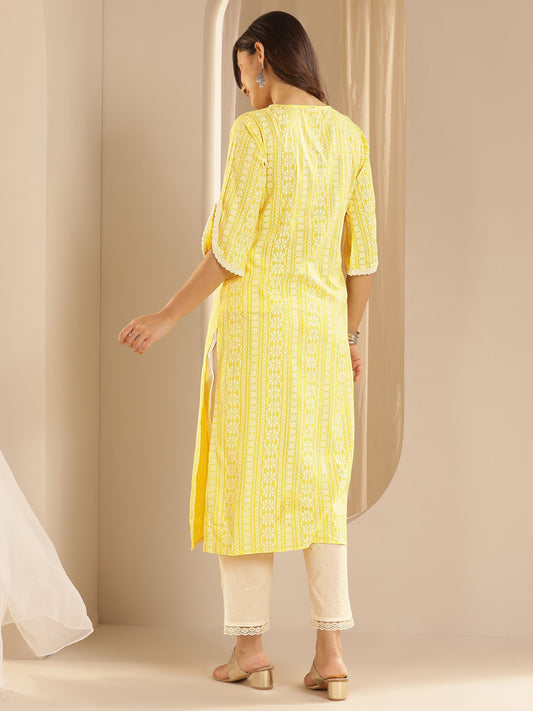 Yellow Printed Rayon Straight Kurta