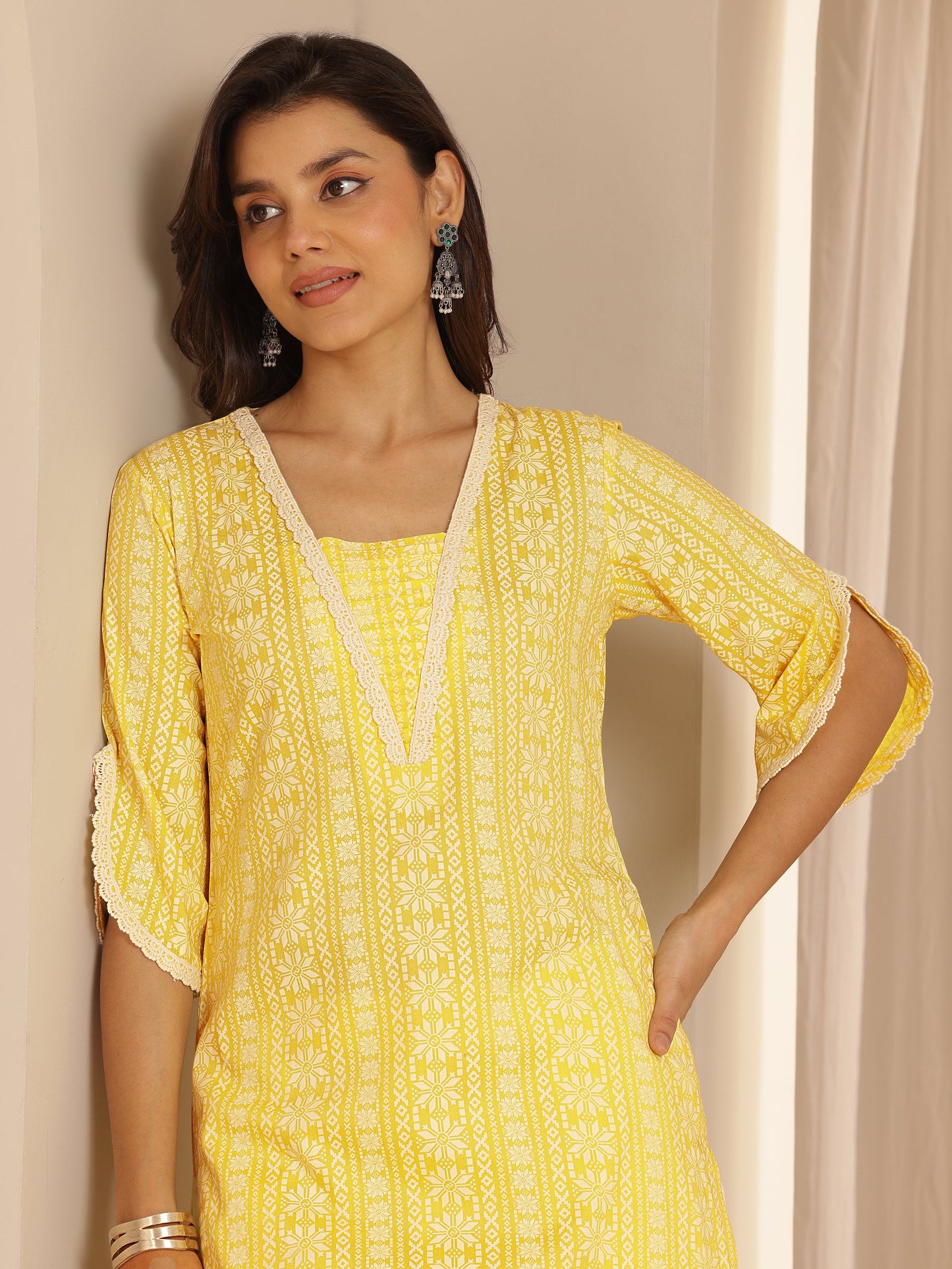 Yellow Printed Rayon Straight Kurta