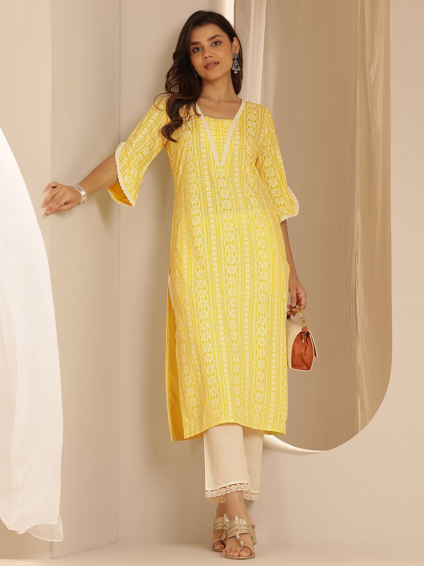 Yellow Printed Rayon Straight Kurta