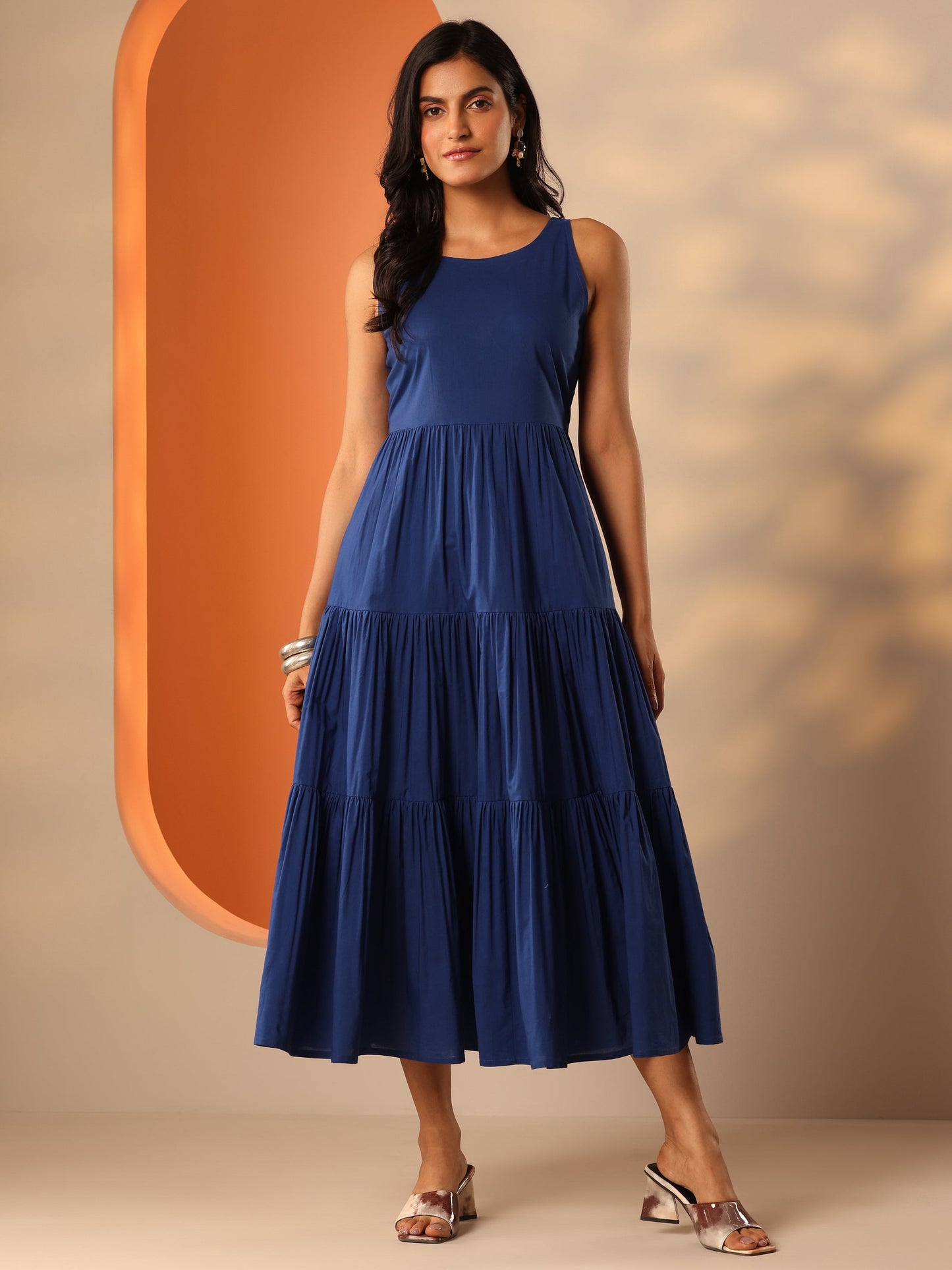 Blue Solid Cotton Tiered Fit And Flare One Piece Dress