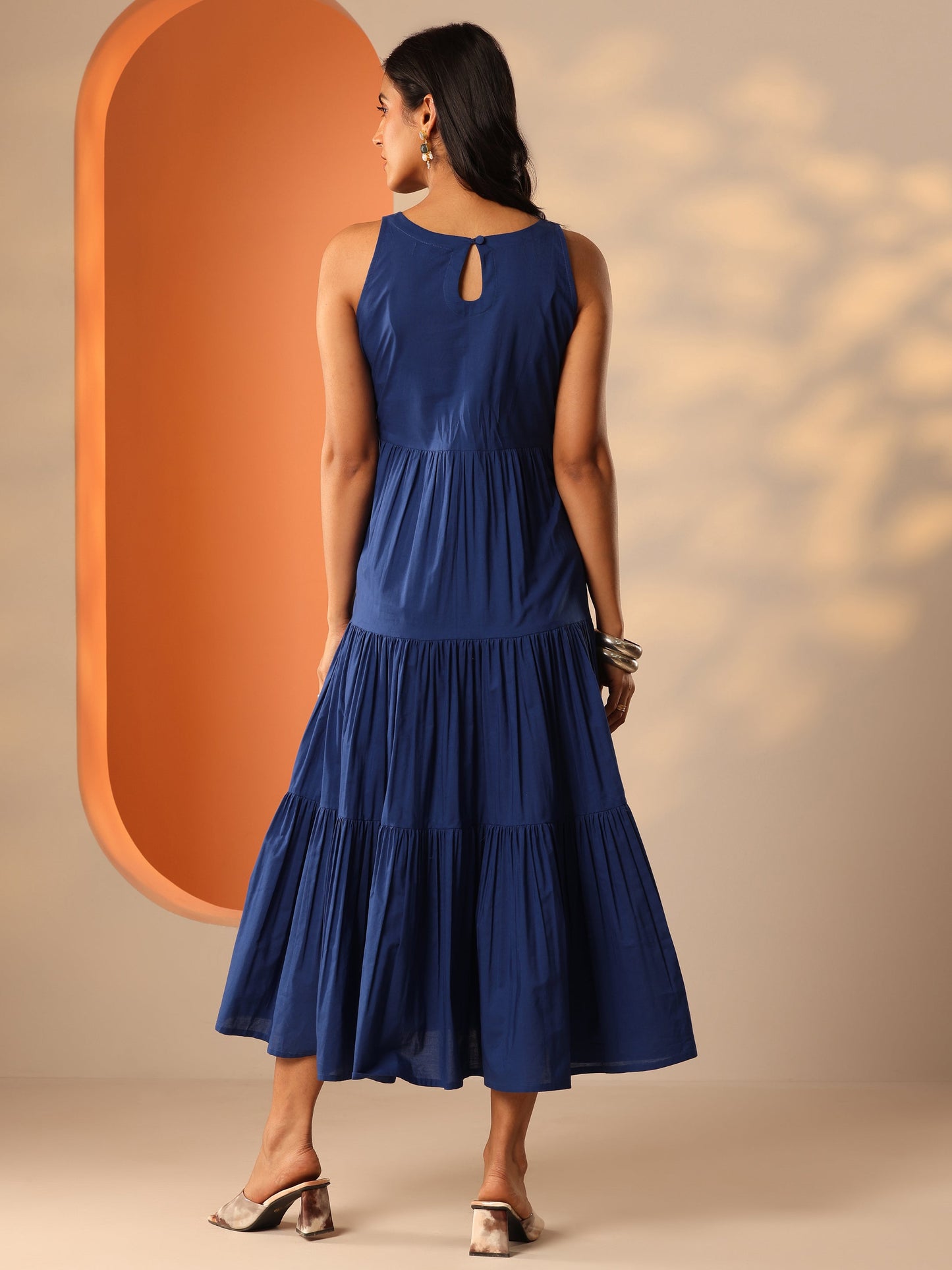 Blue Solid Cotton Tiered Fit And Flare One Piece Dress