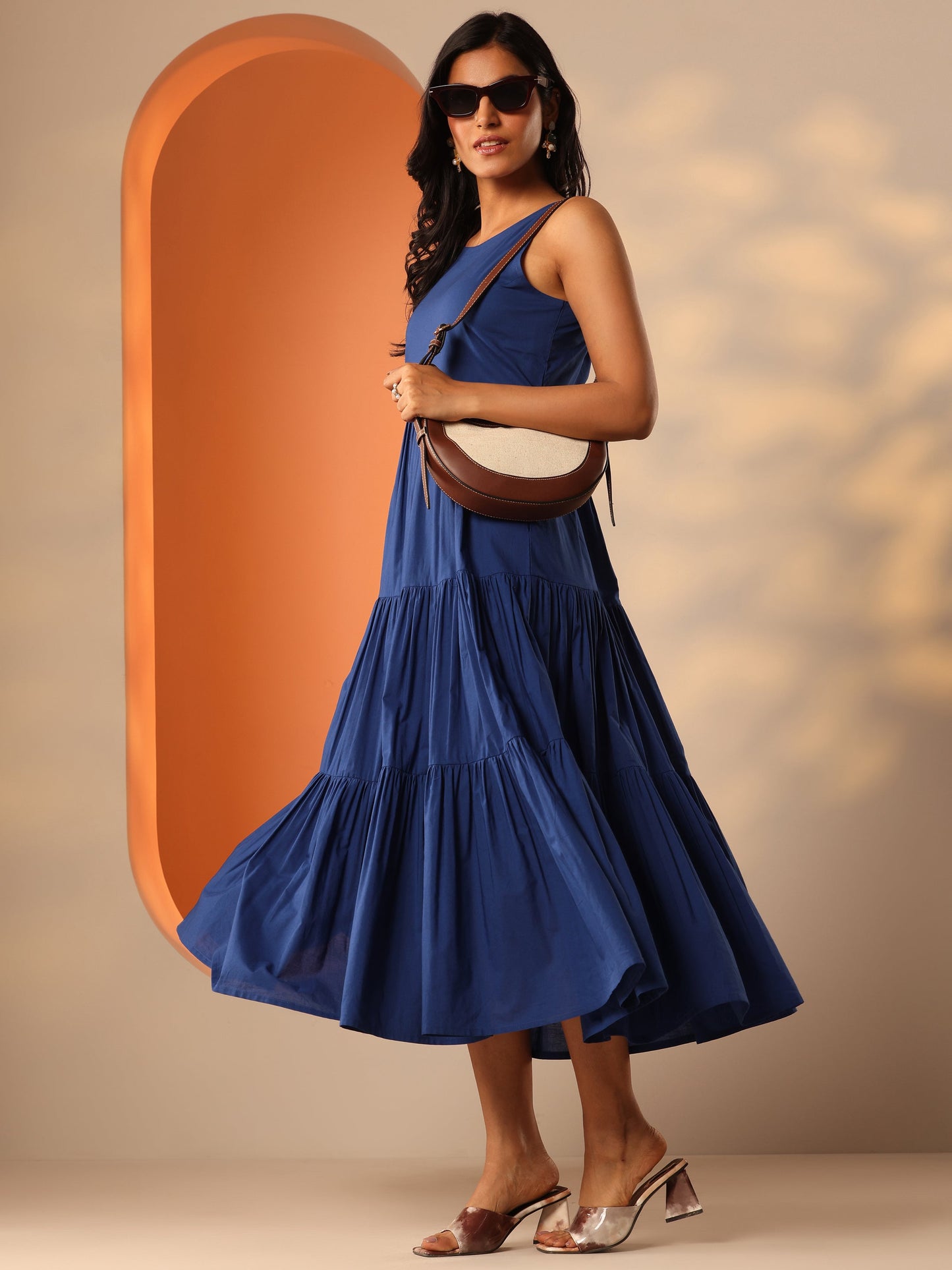 Blue Solid Cotton Tiered Fit And Flare One Piece Dress