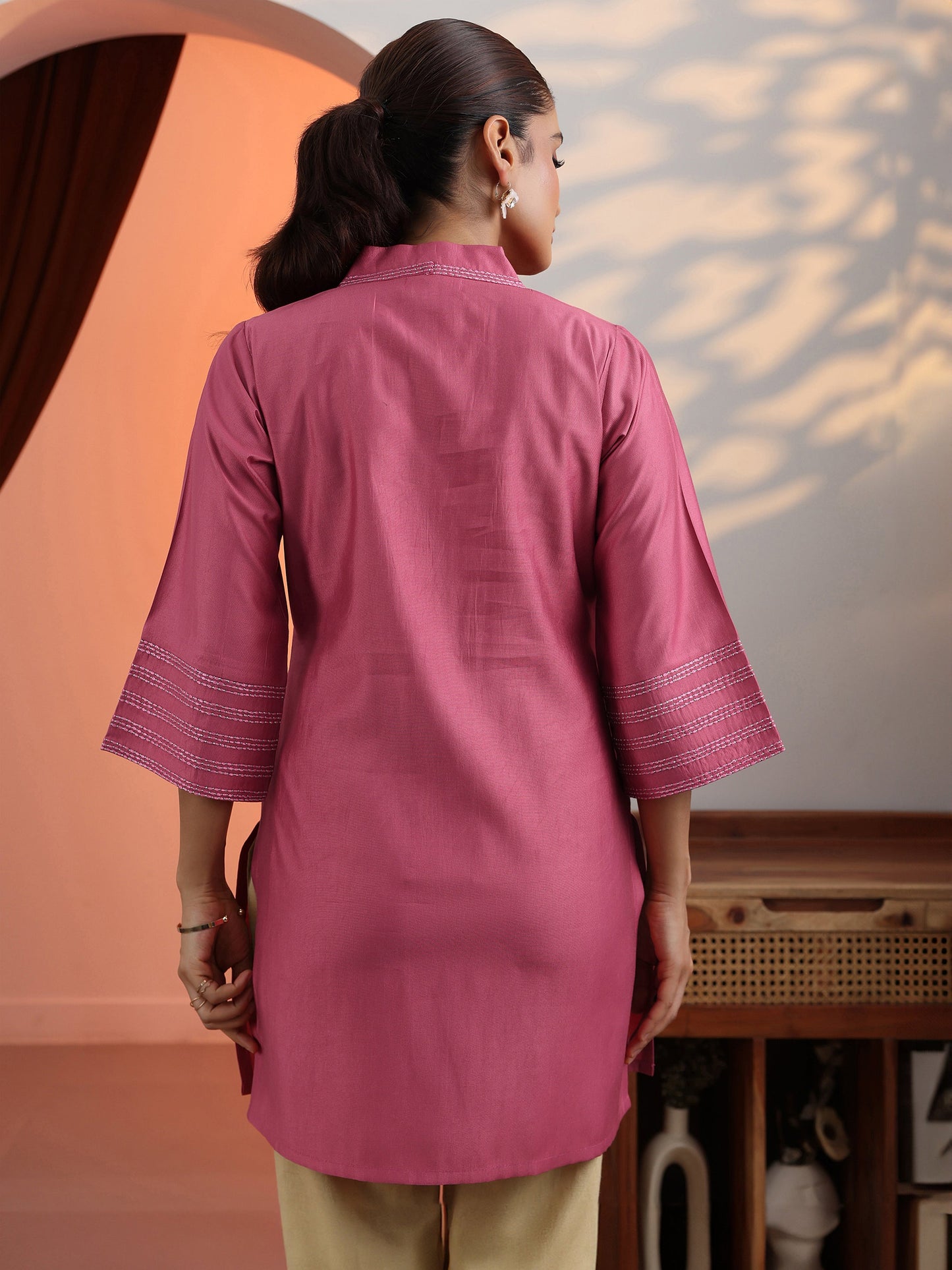 Peach Solid Silk Blend Straight Short Kurti