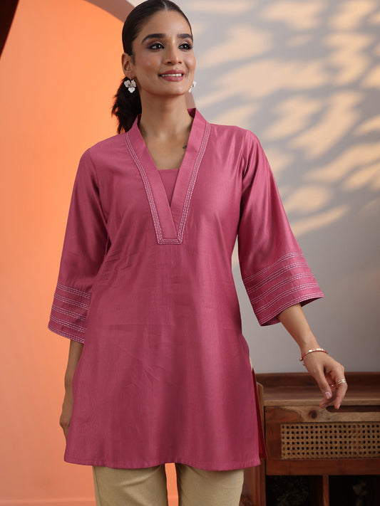 Peach Solid Silk Blend Straight Short Kurti