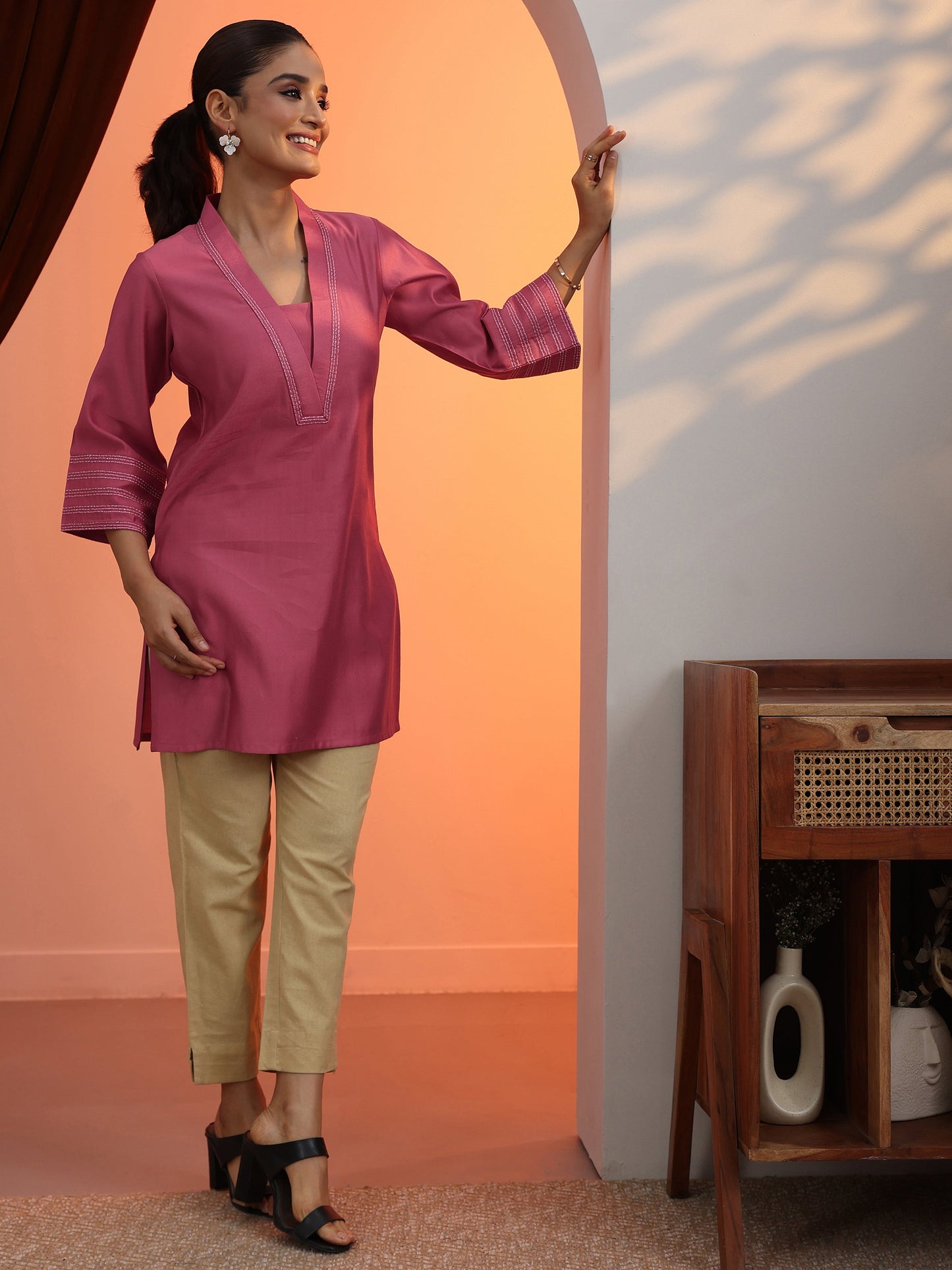 Peach Solid Silk Blend Straight Short Kurti