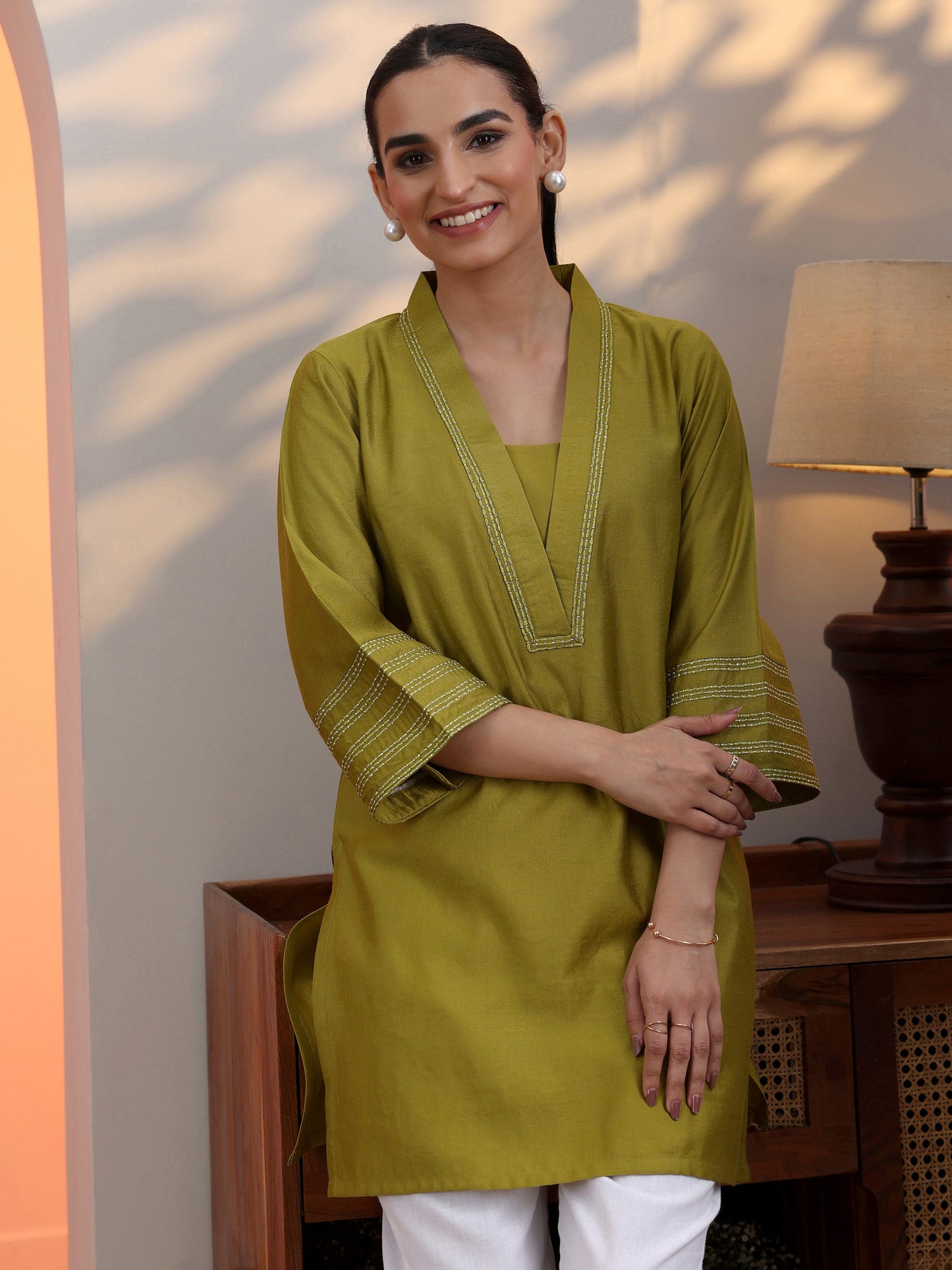 Green Solid Silk Blend Straight Short Kurti