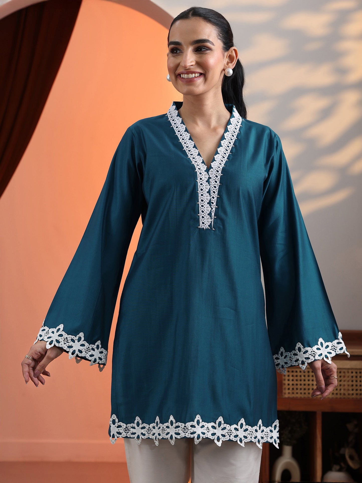Blue Solid Silk Blend Straight Short Kurti