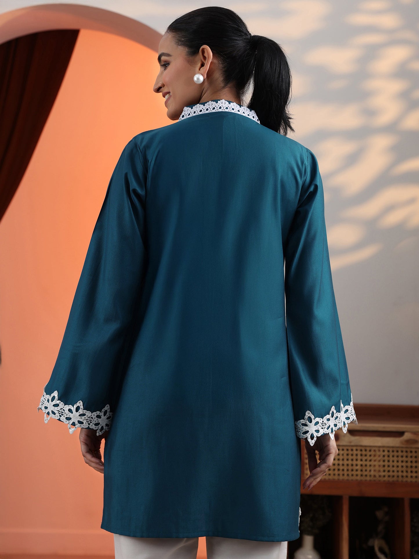 Blue Solid Silk Blend Straight Short Kurti