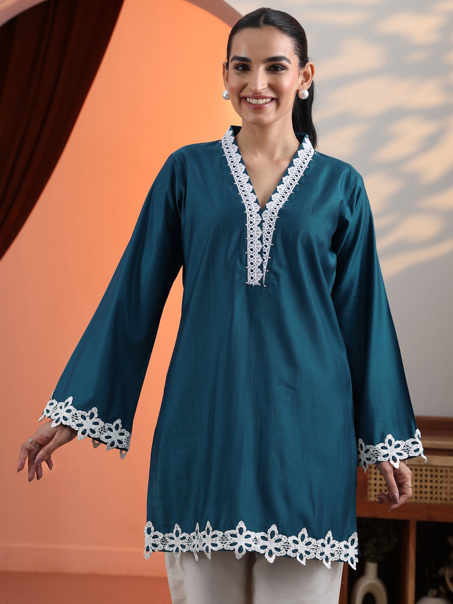 Blue Solid Silk Blend Straight Short Kurti