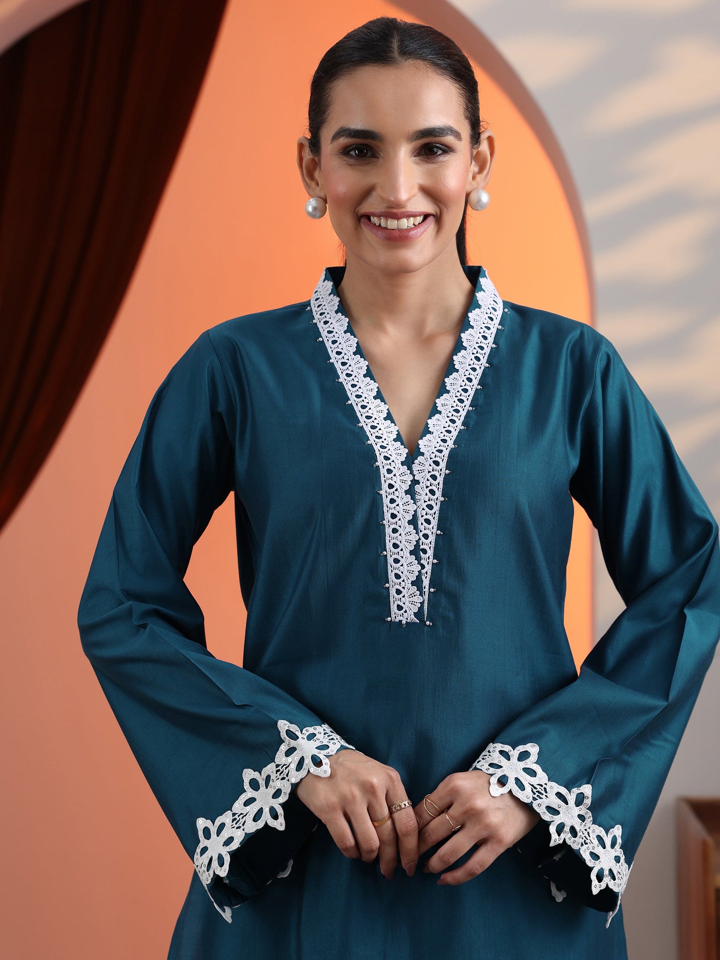 Blue Solid Silk Blend Straight Short Kurti