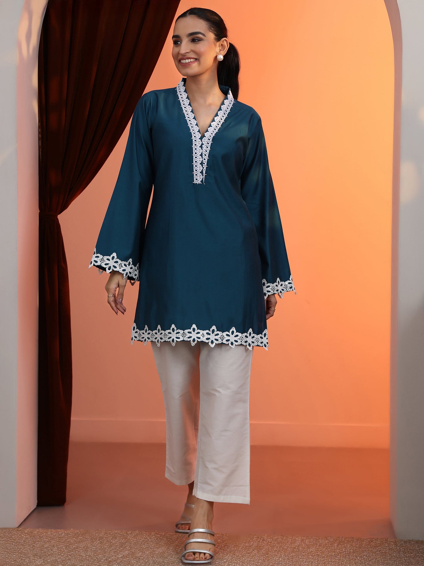 Blue Solid Silk Blend Straight Short Kurti