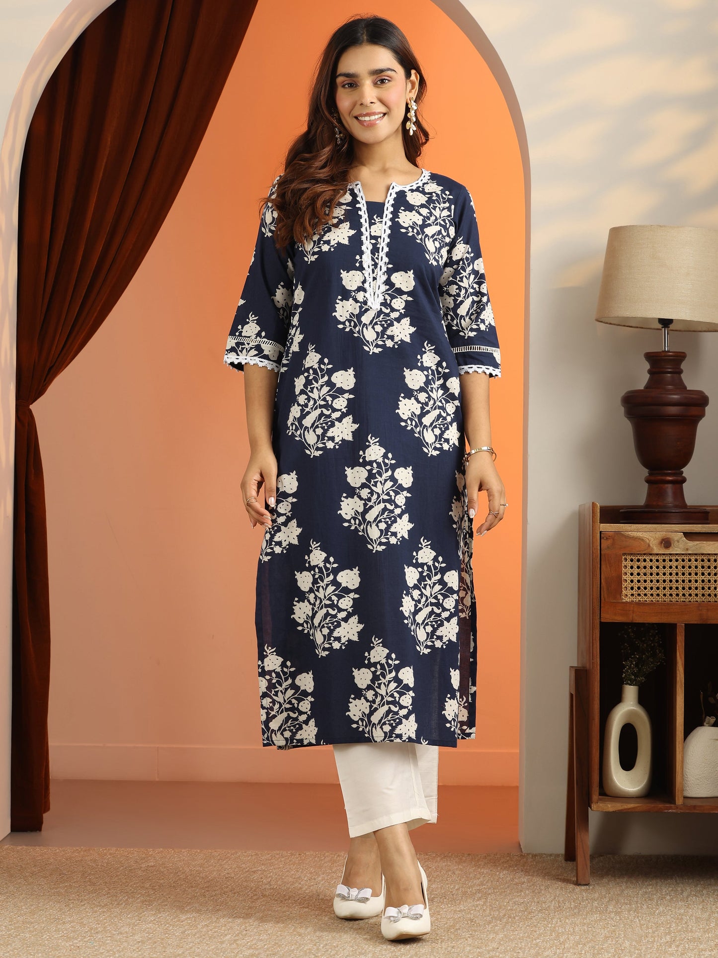 Blue Printed Cotton Straight Kurta
