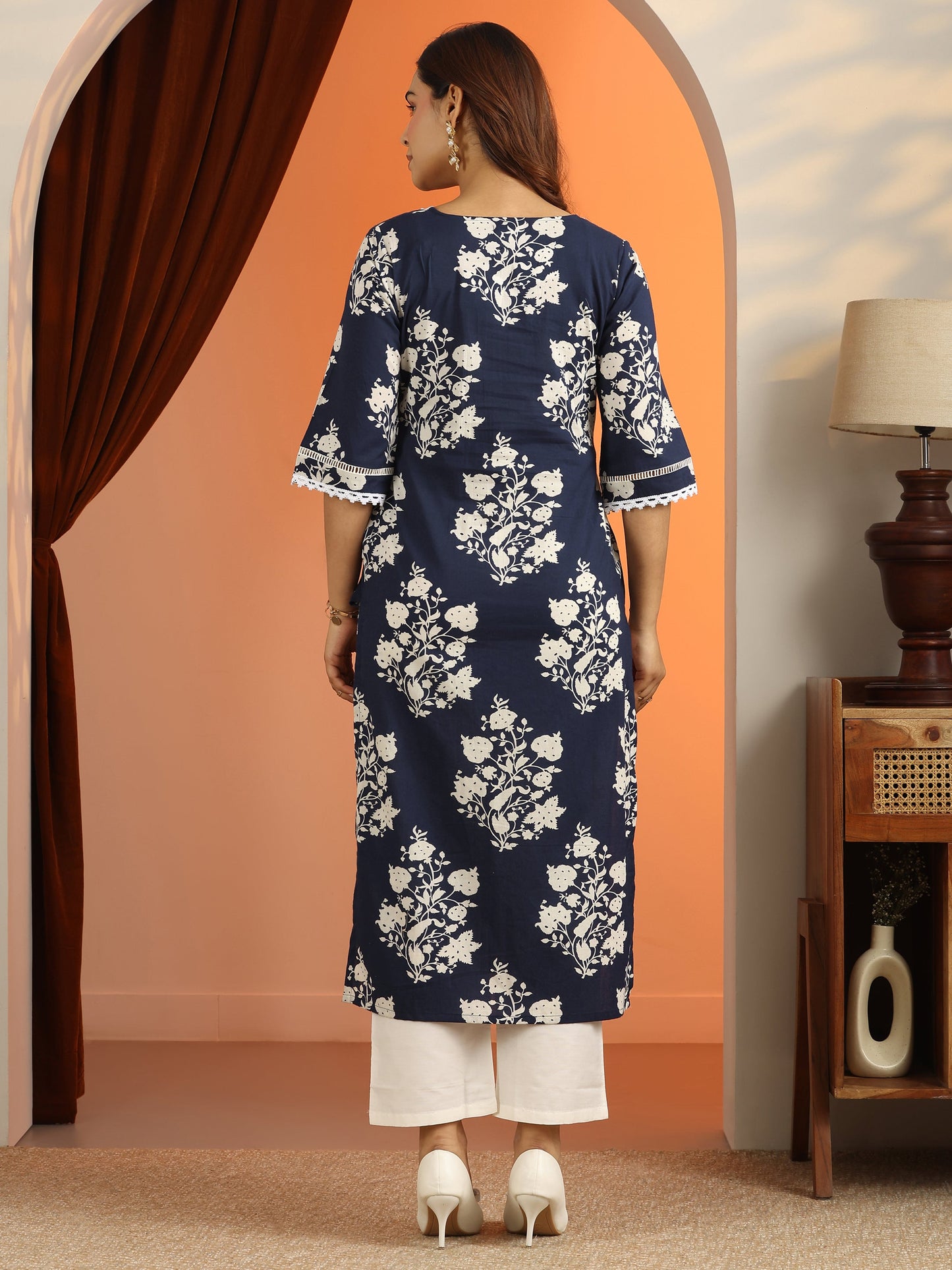 Blue Printed Cotton Straight Kurta