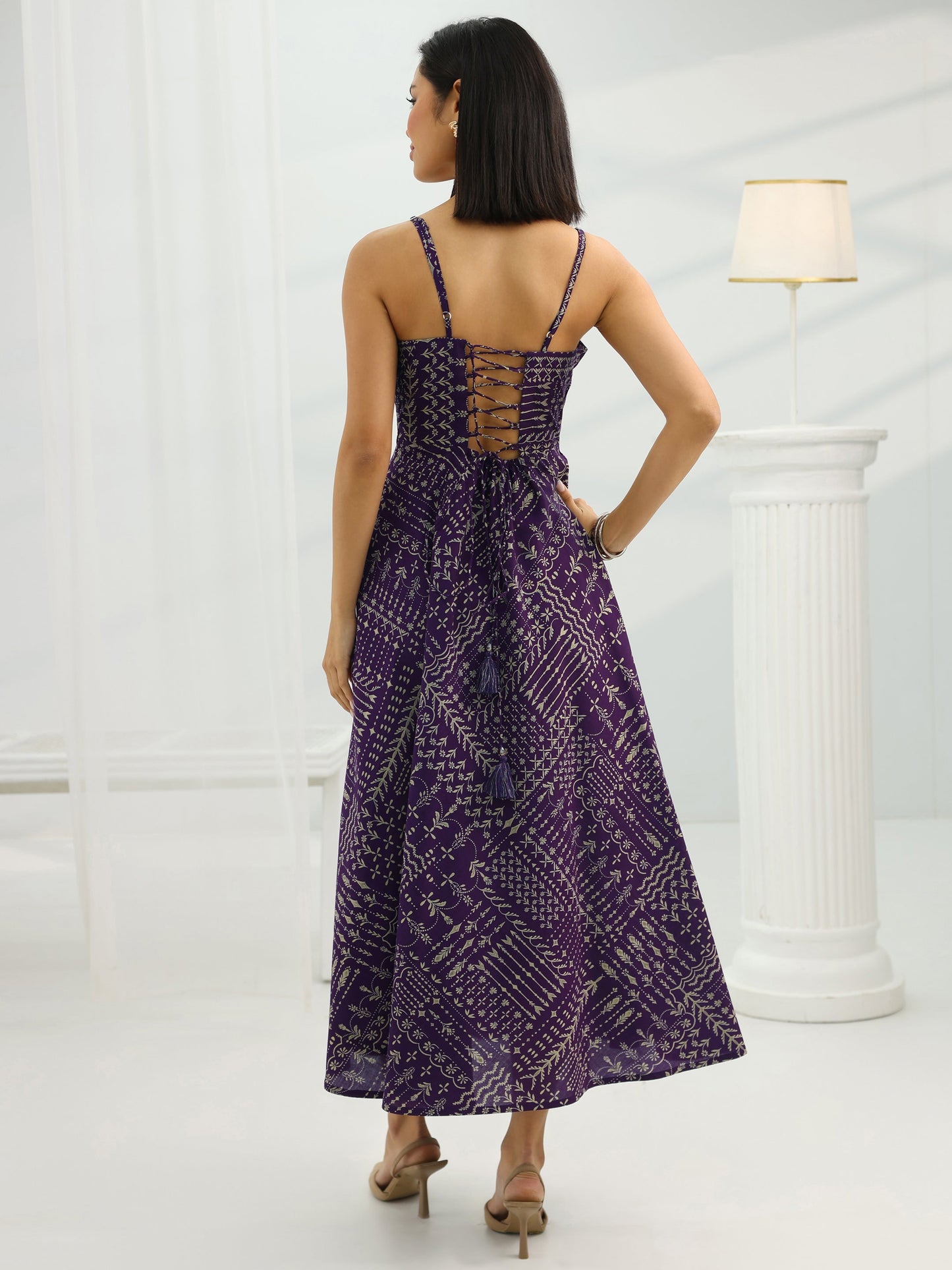 Purple Printed Silk Blend Fit And Flare One Piece Dress