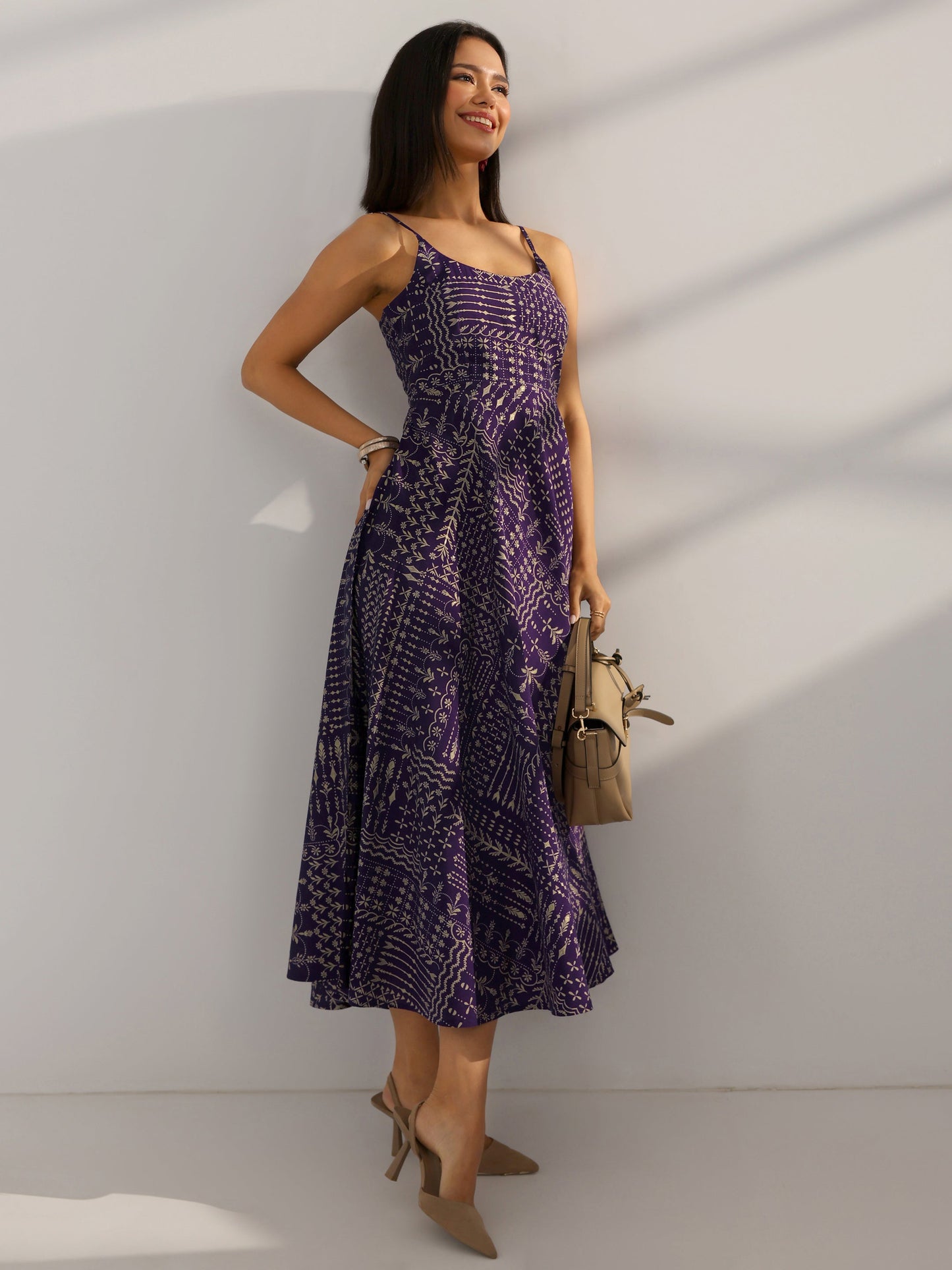 Purple Printed Silk Blend Fit And Flare One Piece Dress