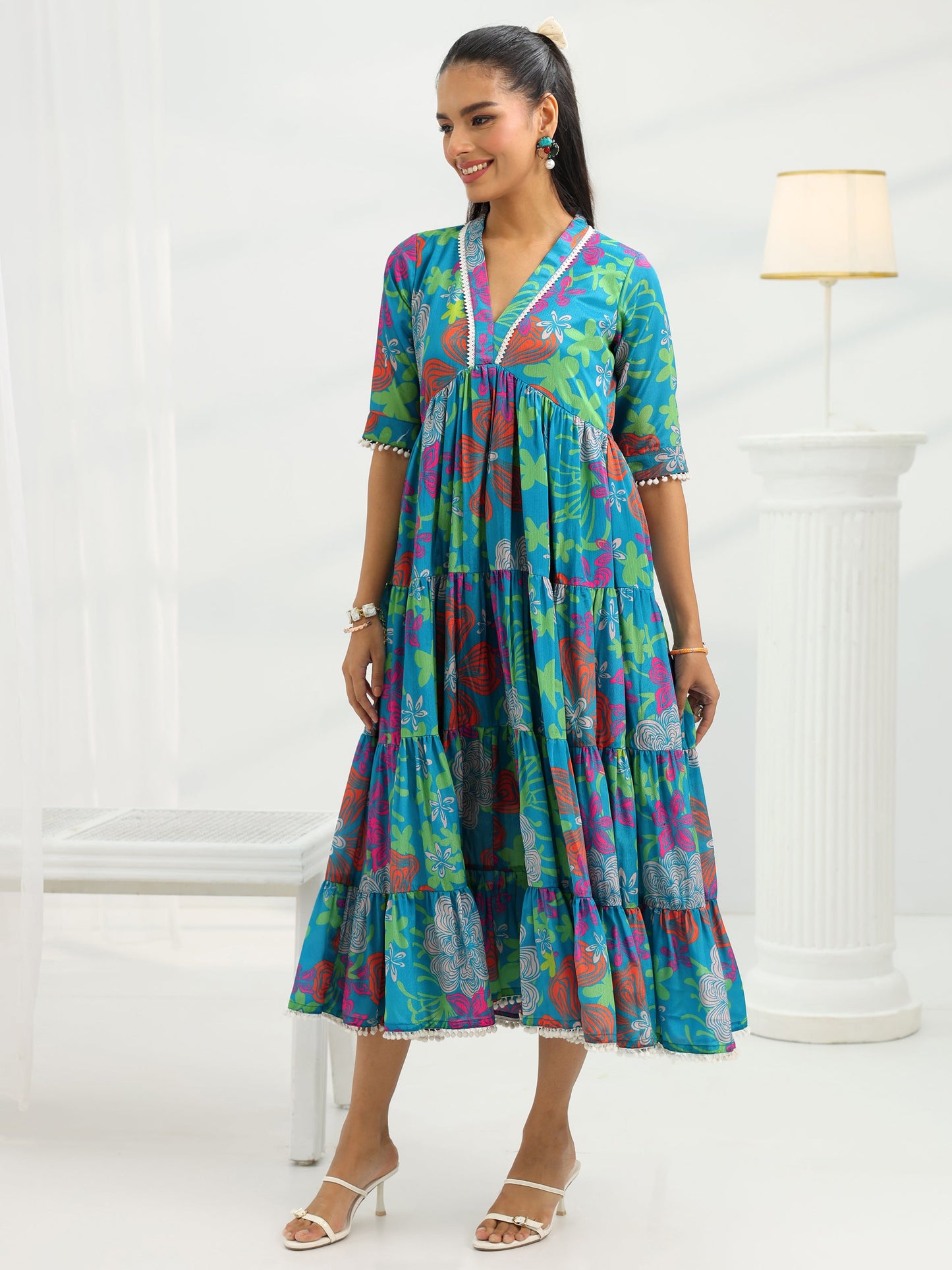 Blue Printed Silk Blend Fit And Flare One Piece Dress