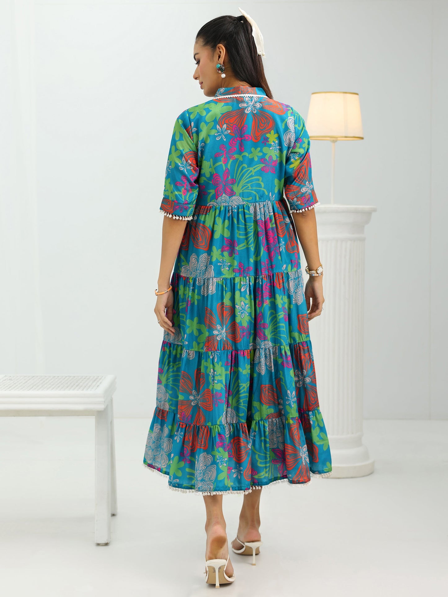 Blue Printed Silk Blend Fit And Flare One Piece Dress