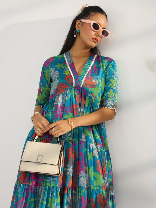 Blue Printed Silk Blend Fit And Flare One Piece Dress