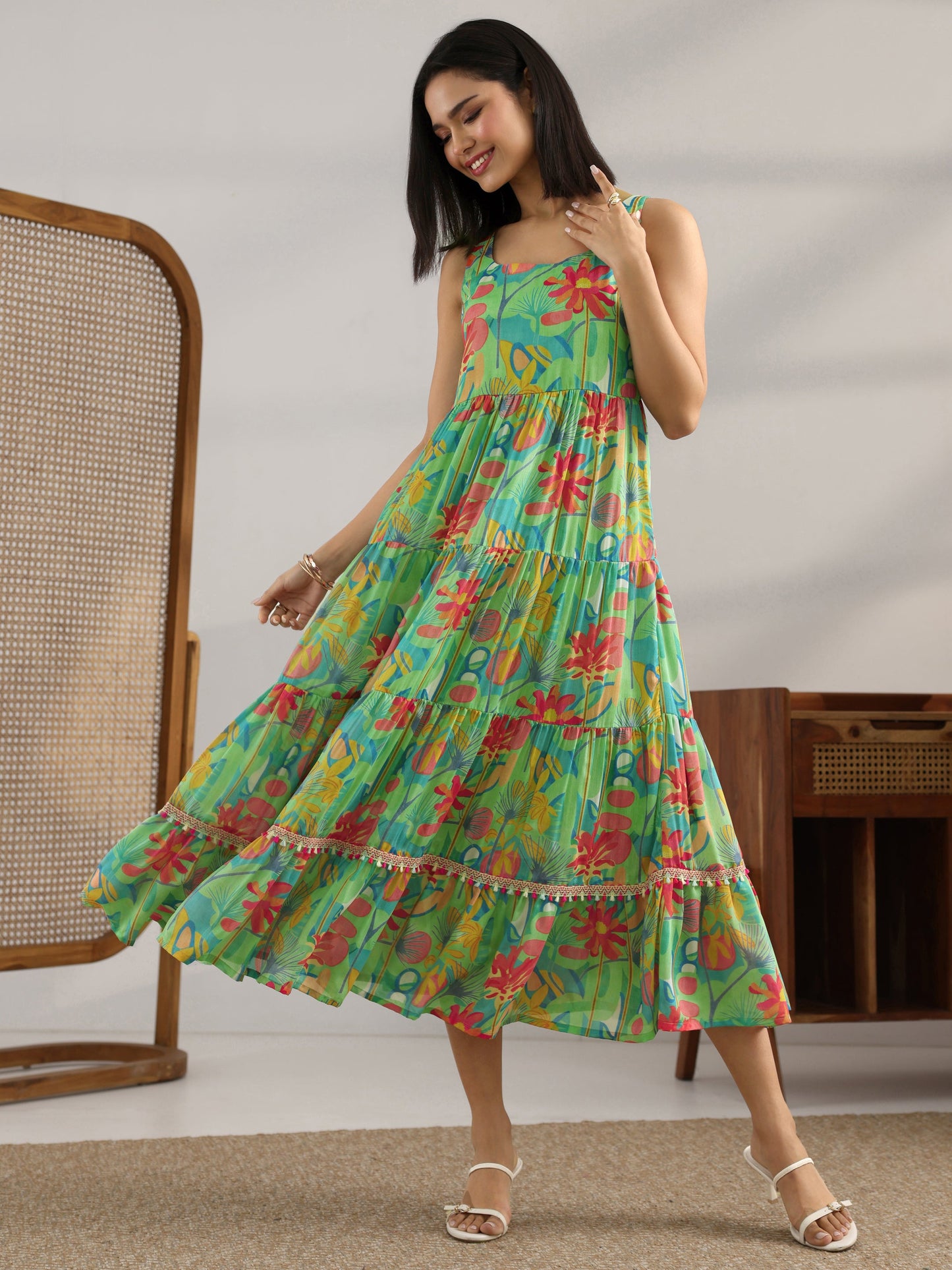 Multi Printed Chiffon Fit And Flare One Piece Dress