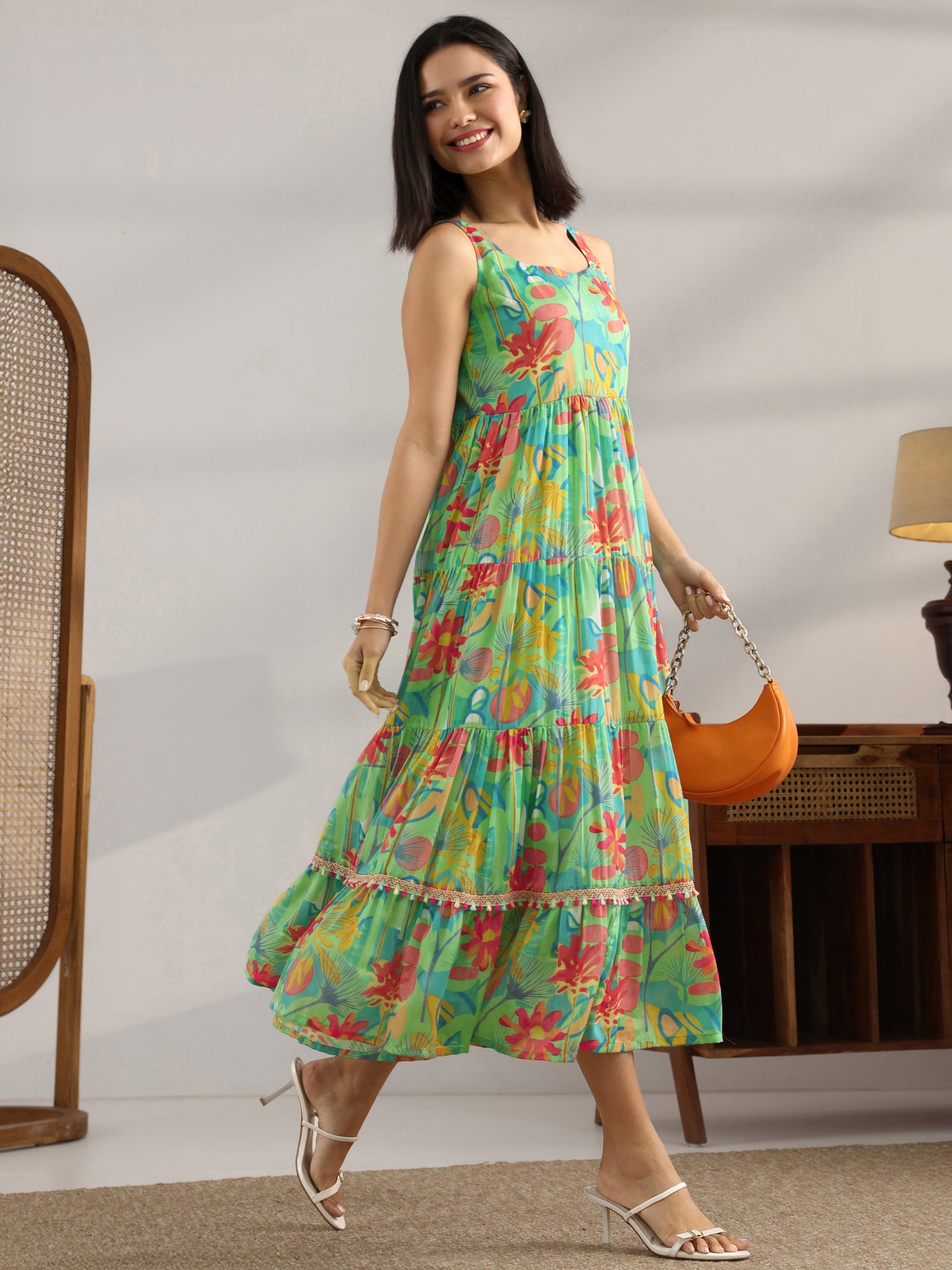 Multi Printed Chiffon Fit And Flare One Piece Dress